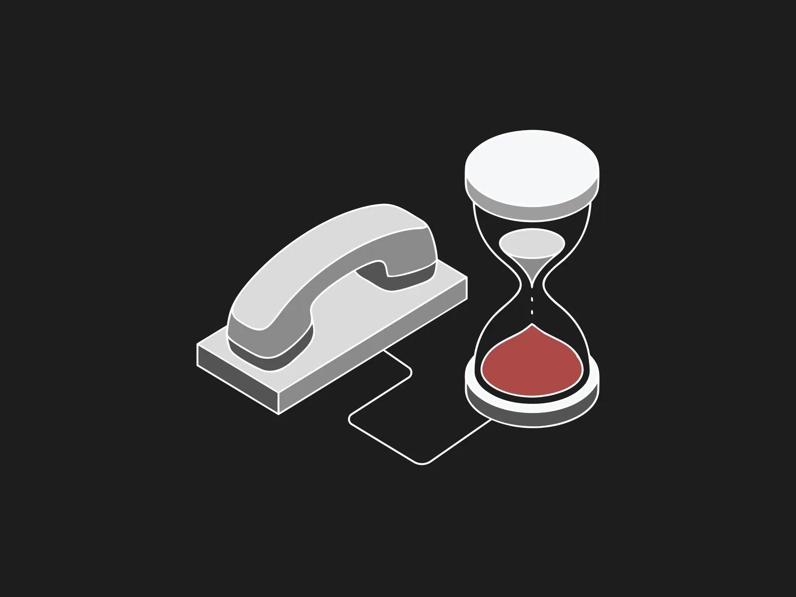 Telephone handset beside an hourglass with red sand pooled at the bottom