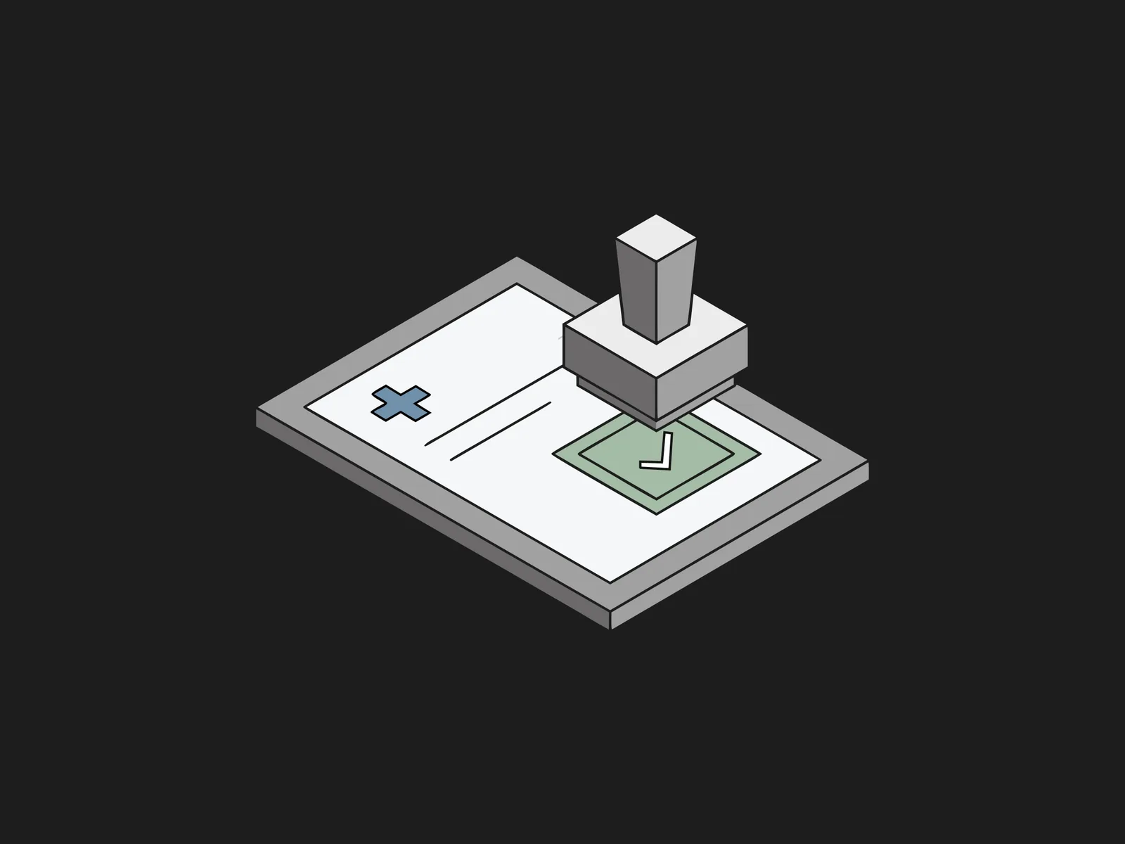 Isometric document with a blue X and a stamp pressing a green checkmark