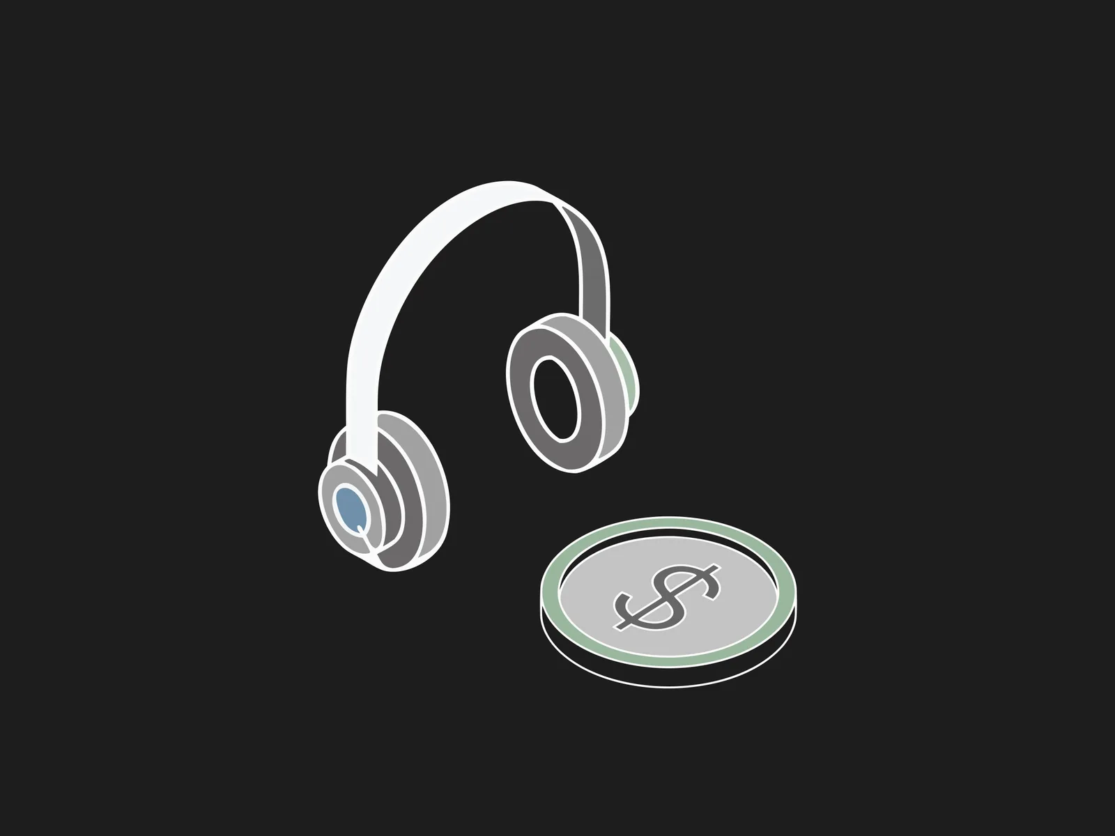 Headset beside a coin stamped with a dollar sign