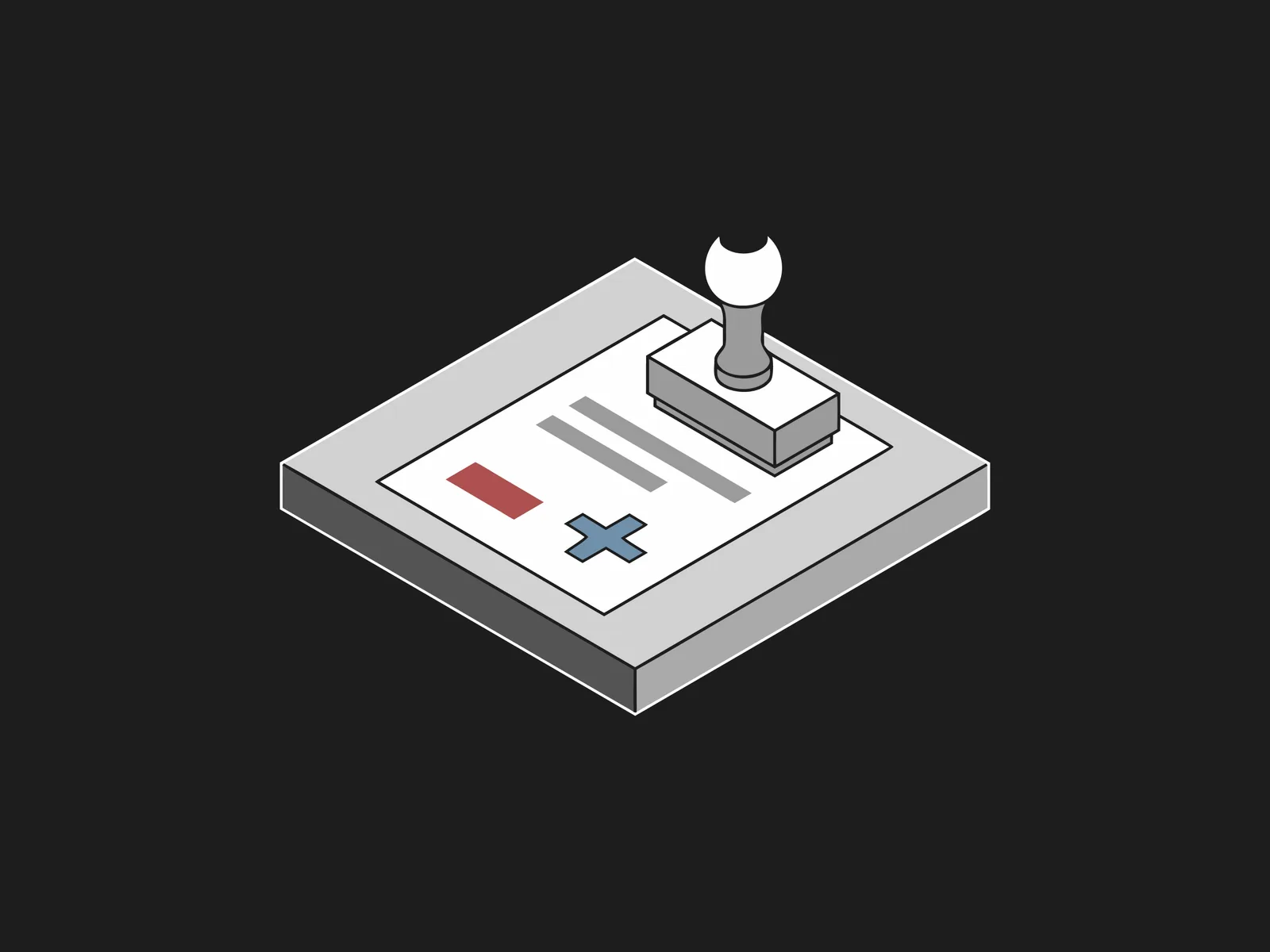 A rubber stamp pressing a checkmark onto a document with a red highlighted line and a blue X