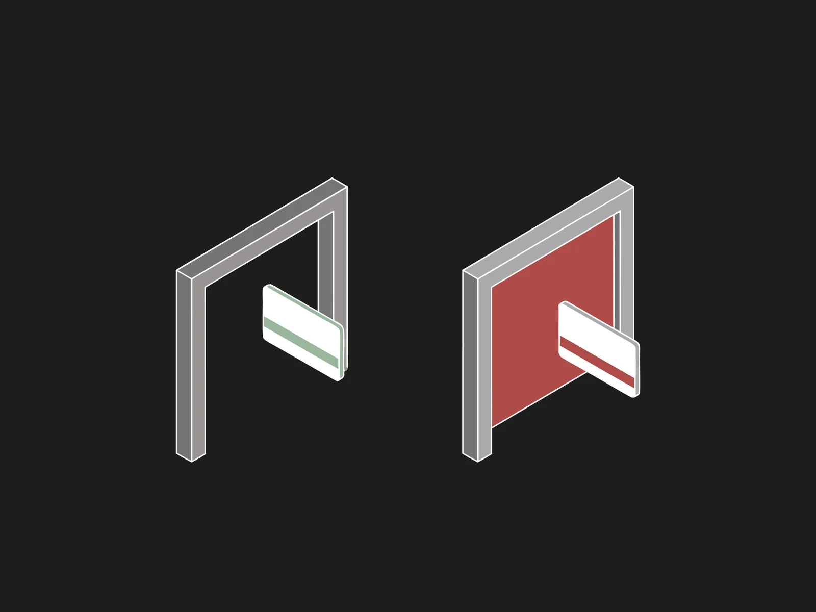 Two open door frames, one gray with a green-striped card and one red with a card partly inserted