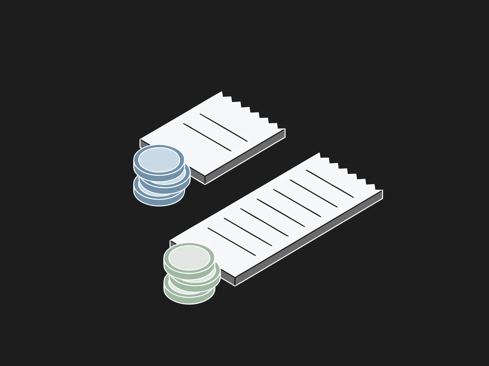 Two receipts with stacks of coins, one blue and one green, of different lengths