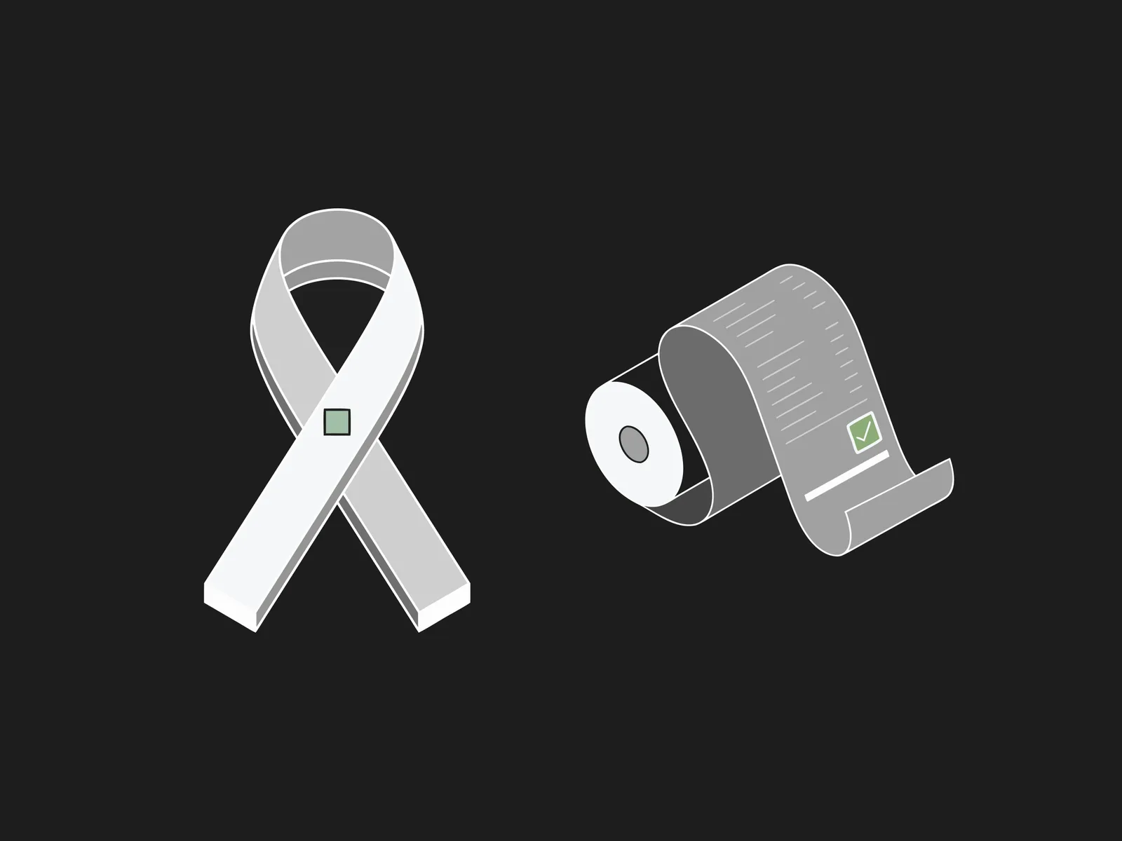 A cancer awareness ribbon beside a printed receipt with a green checkmark