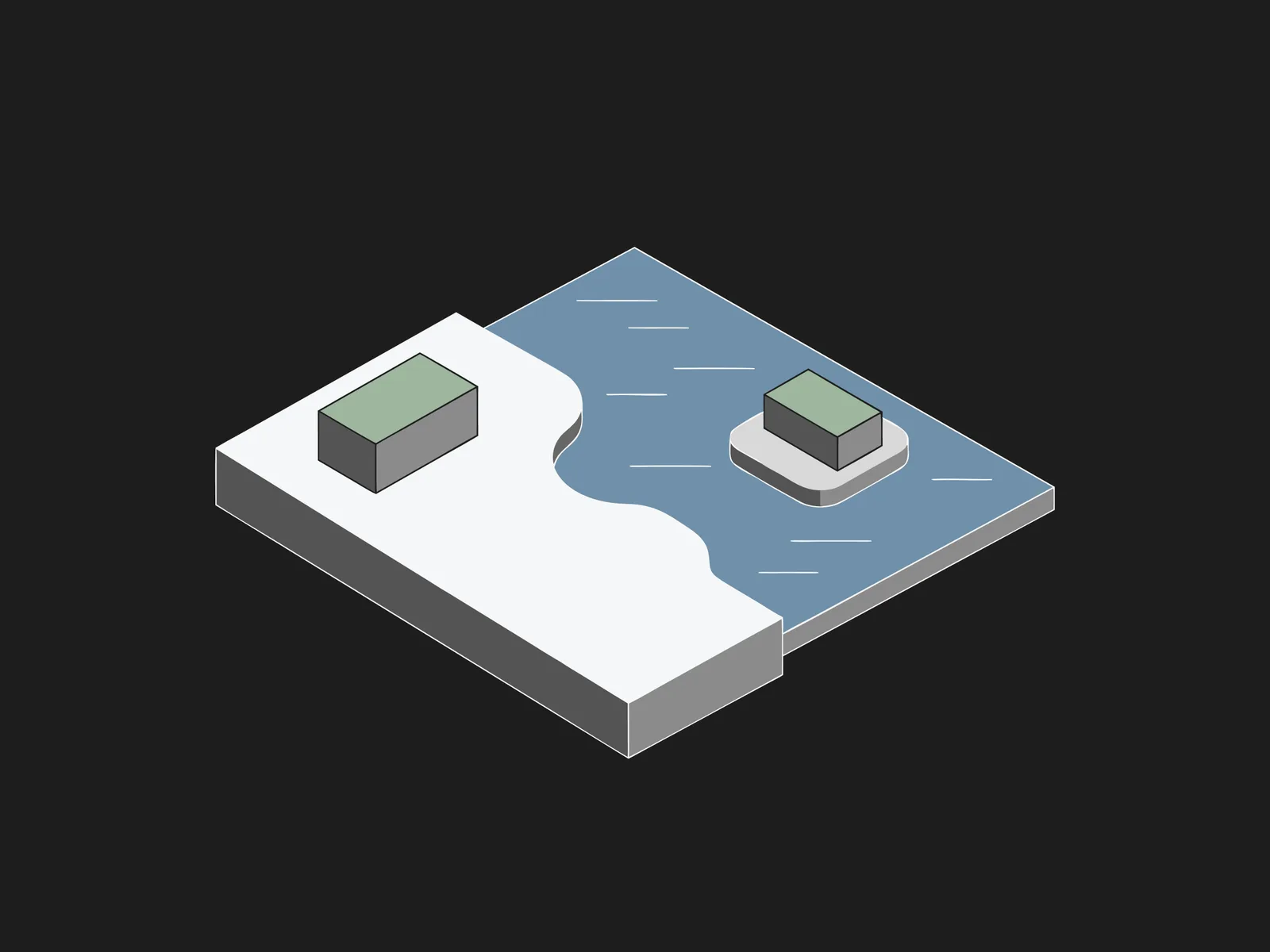 Isometric map split into a snowy shore and blue water, each with a small green-roofed building