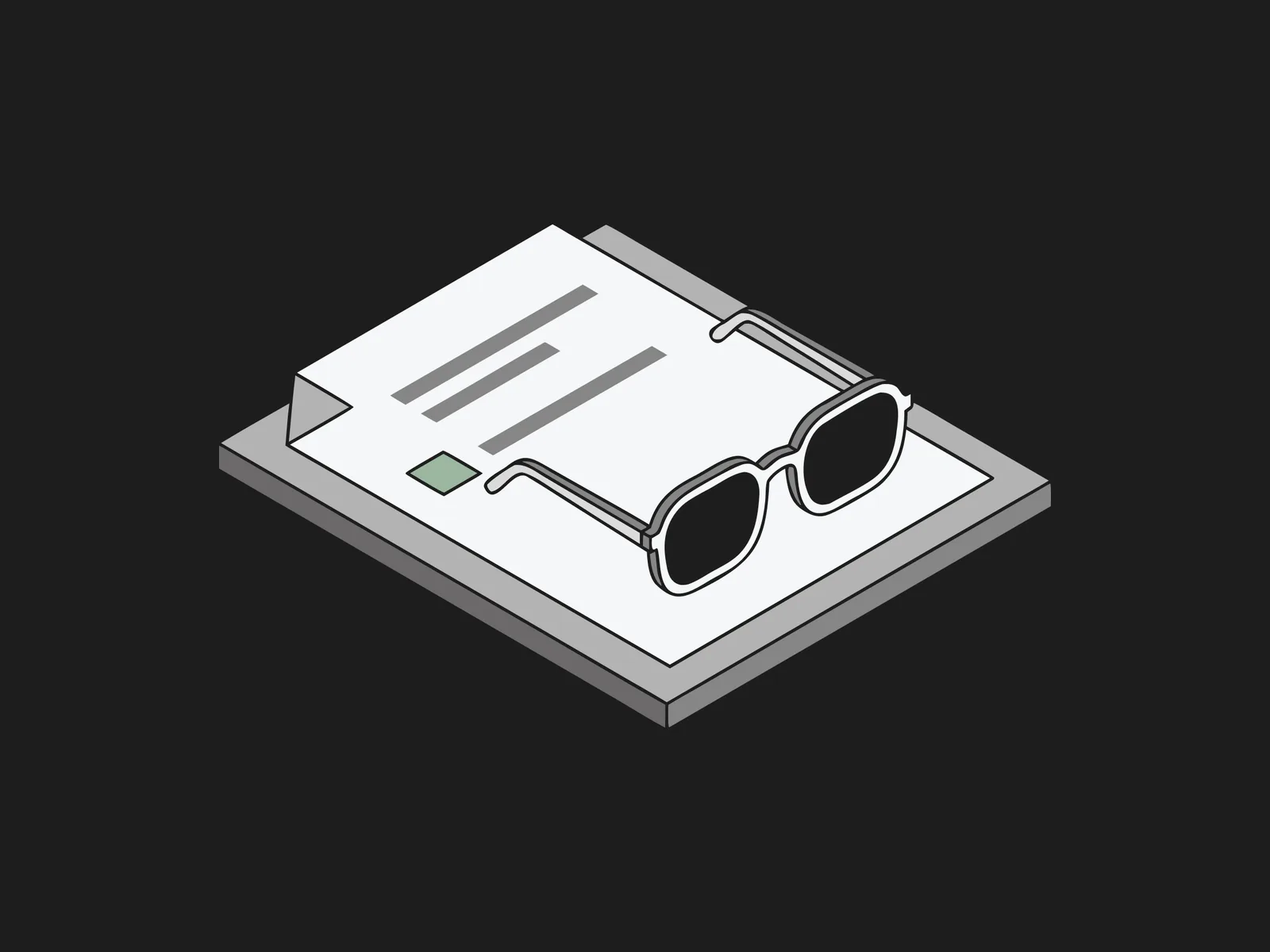 A folded document with a green tile beside a pair of dark sunglasses