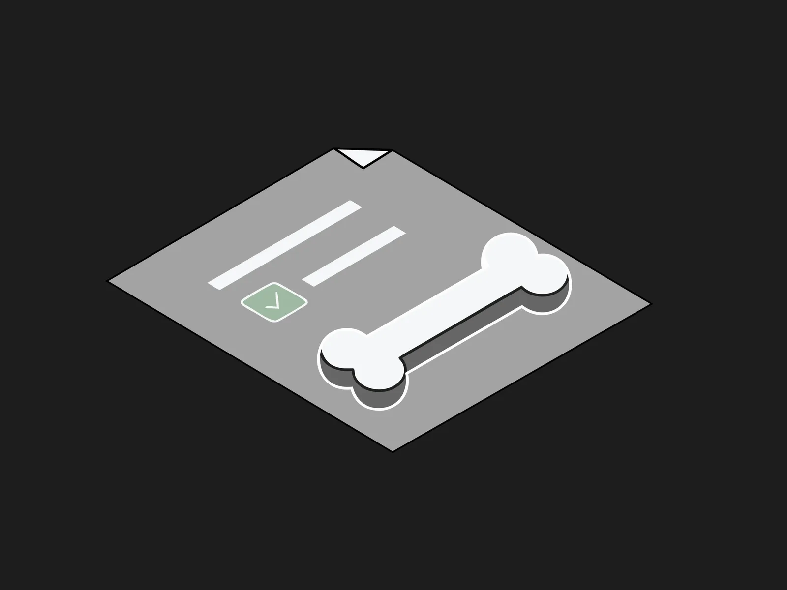 Isometric document with a green checkmark badge beside a white bone icon