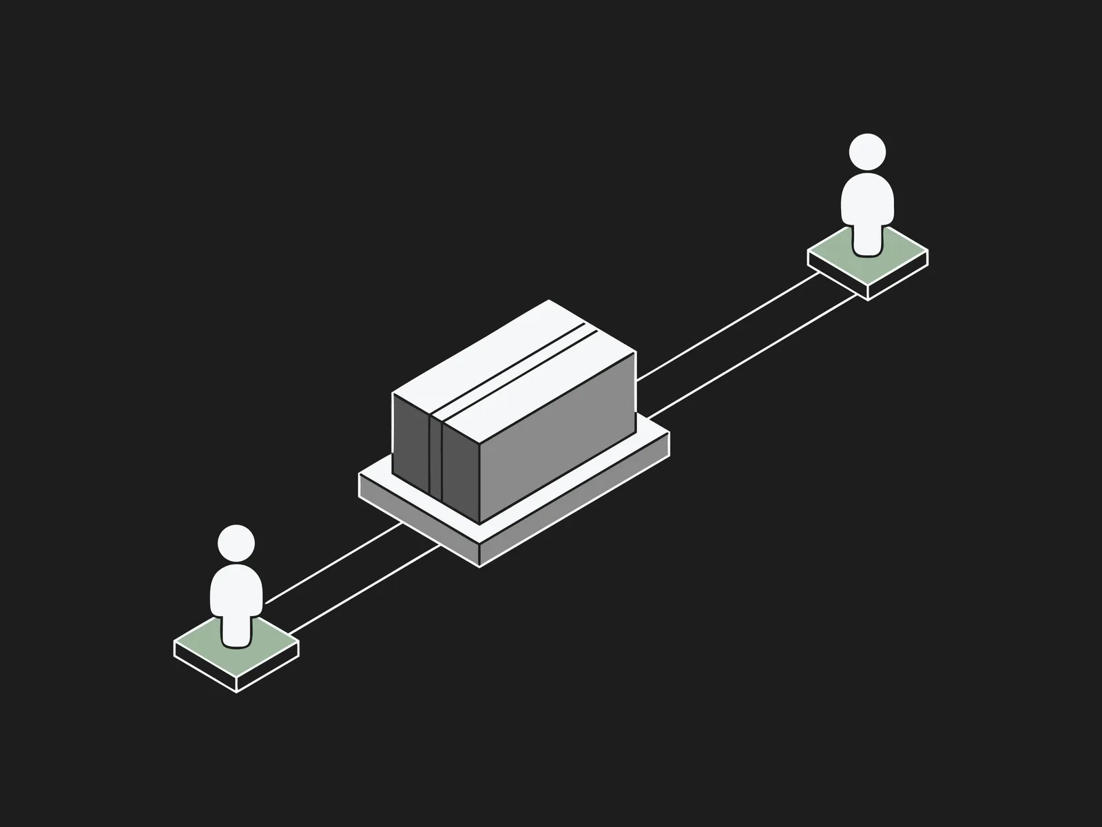 Two small figures on green platforms connected by a line to a shipping-style crate