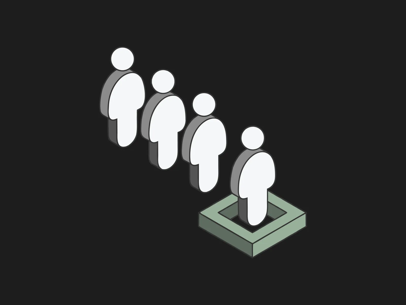 A line of figures on a platform, the front one stepping into a green highlighted slot