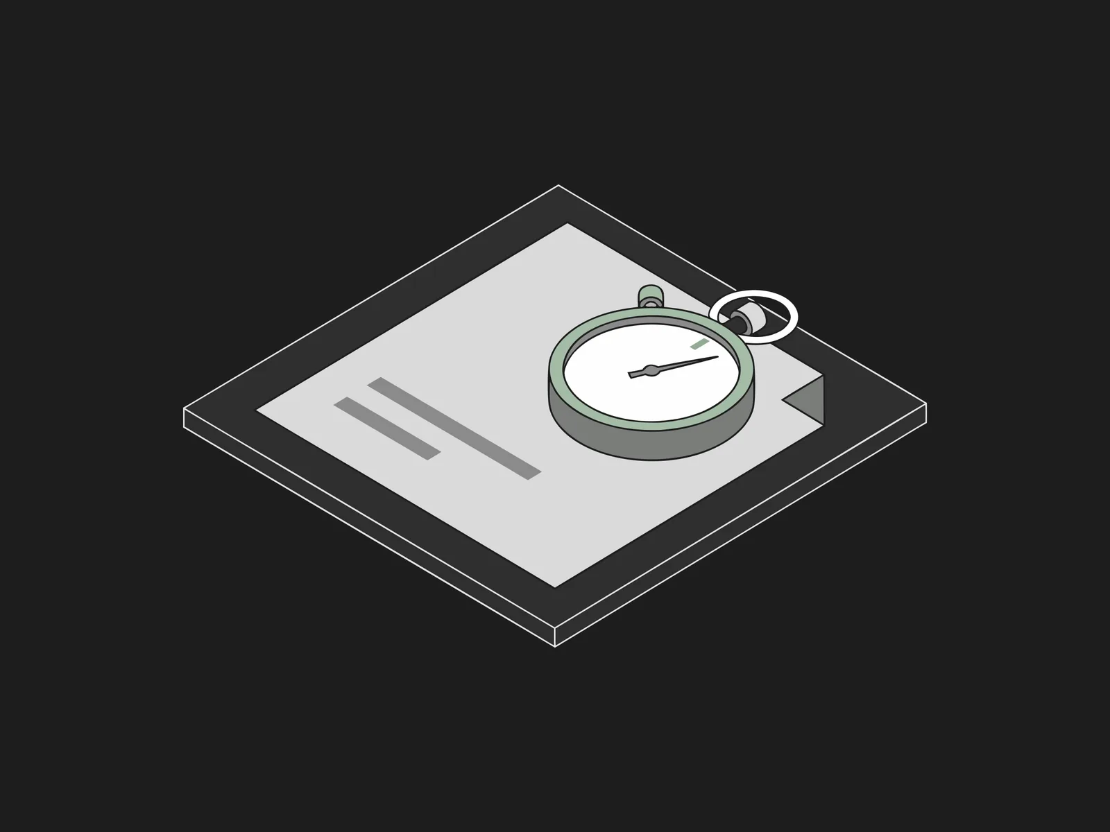 Isometric document with a green checkmark beside a stopwatch