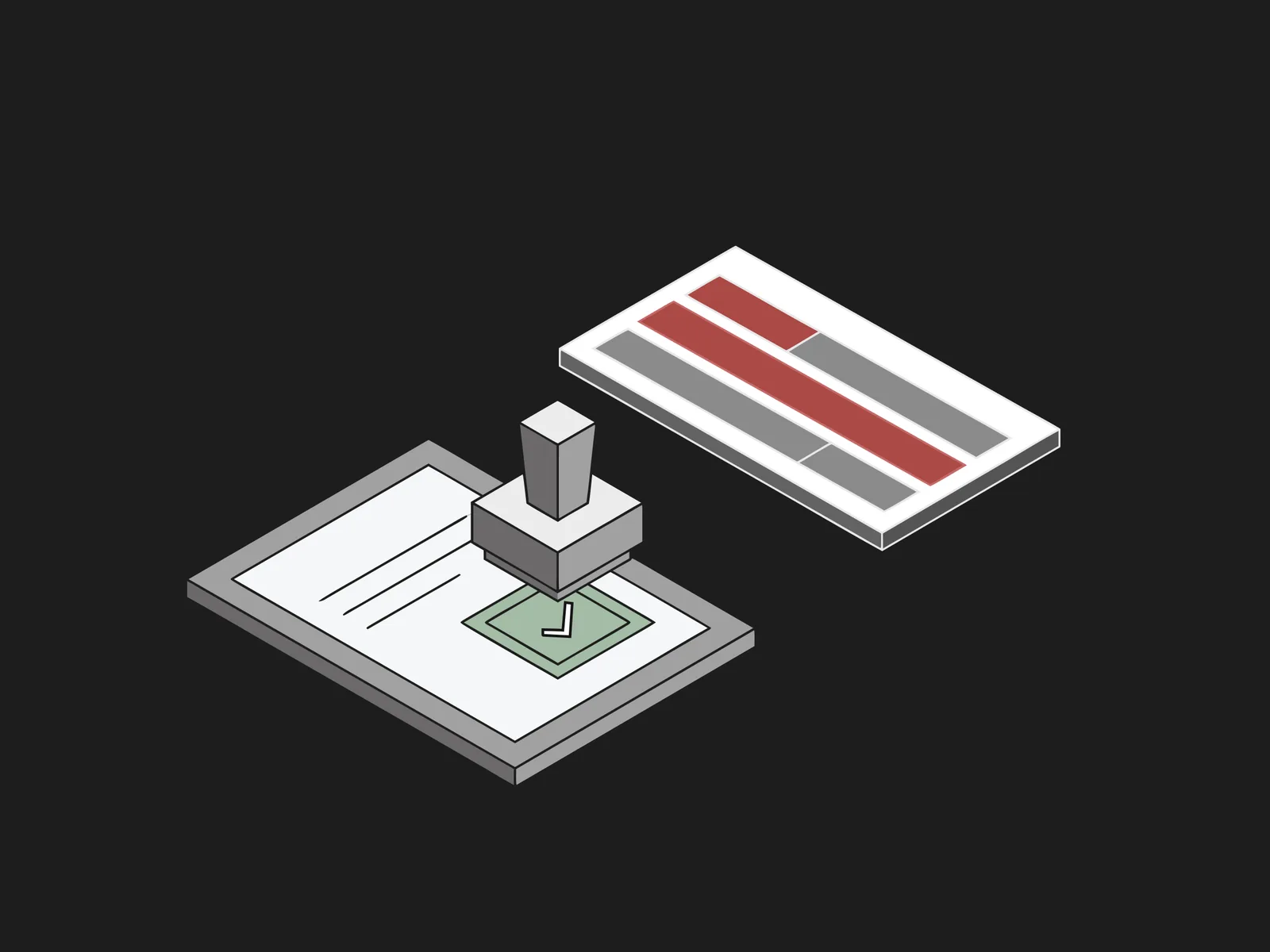 A rubber stamp pressing a checkmark onto a document beside a striped red and gray card