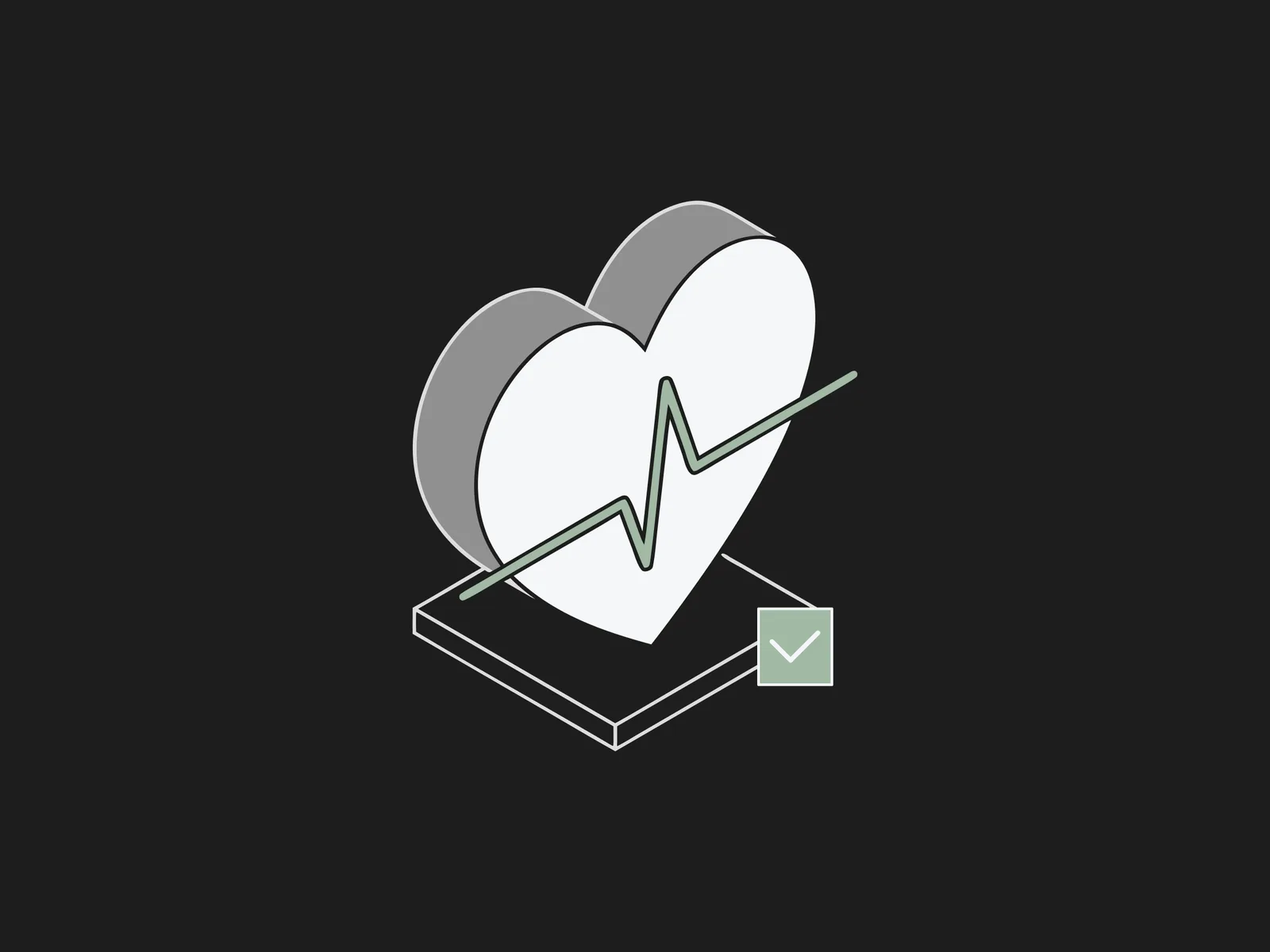 A heart shape crossed by an EKG line beside a green checkmark badge