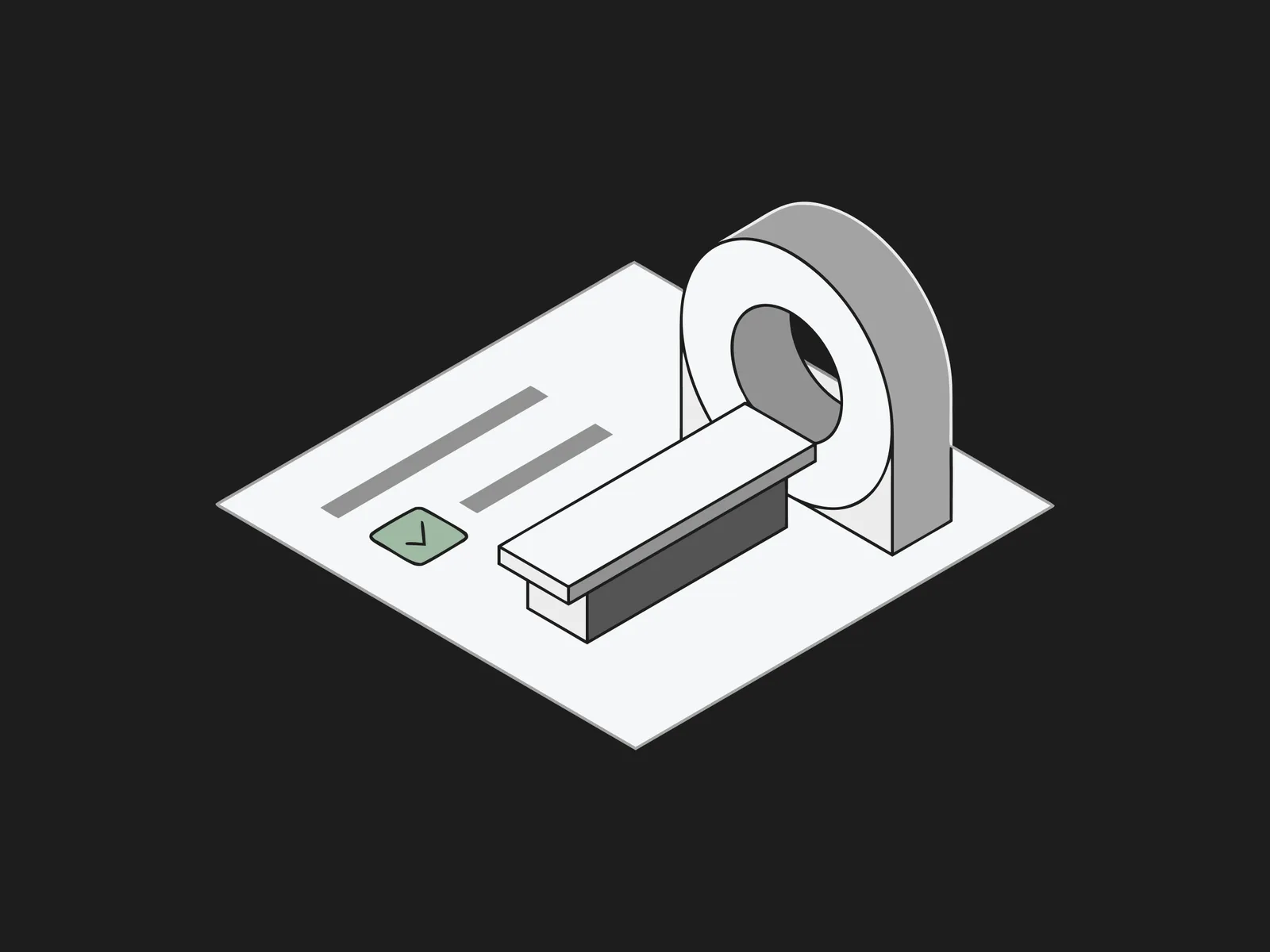 Isometric document with a checkmark beside a CT or MRI scanner with a patient table