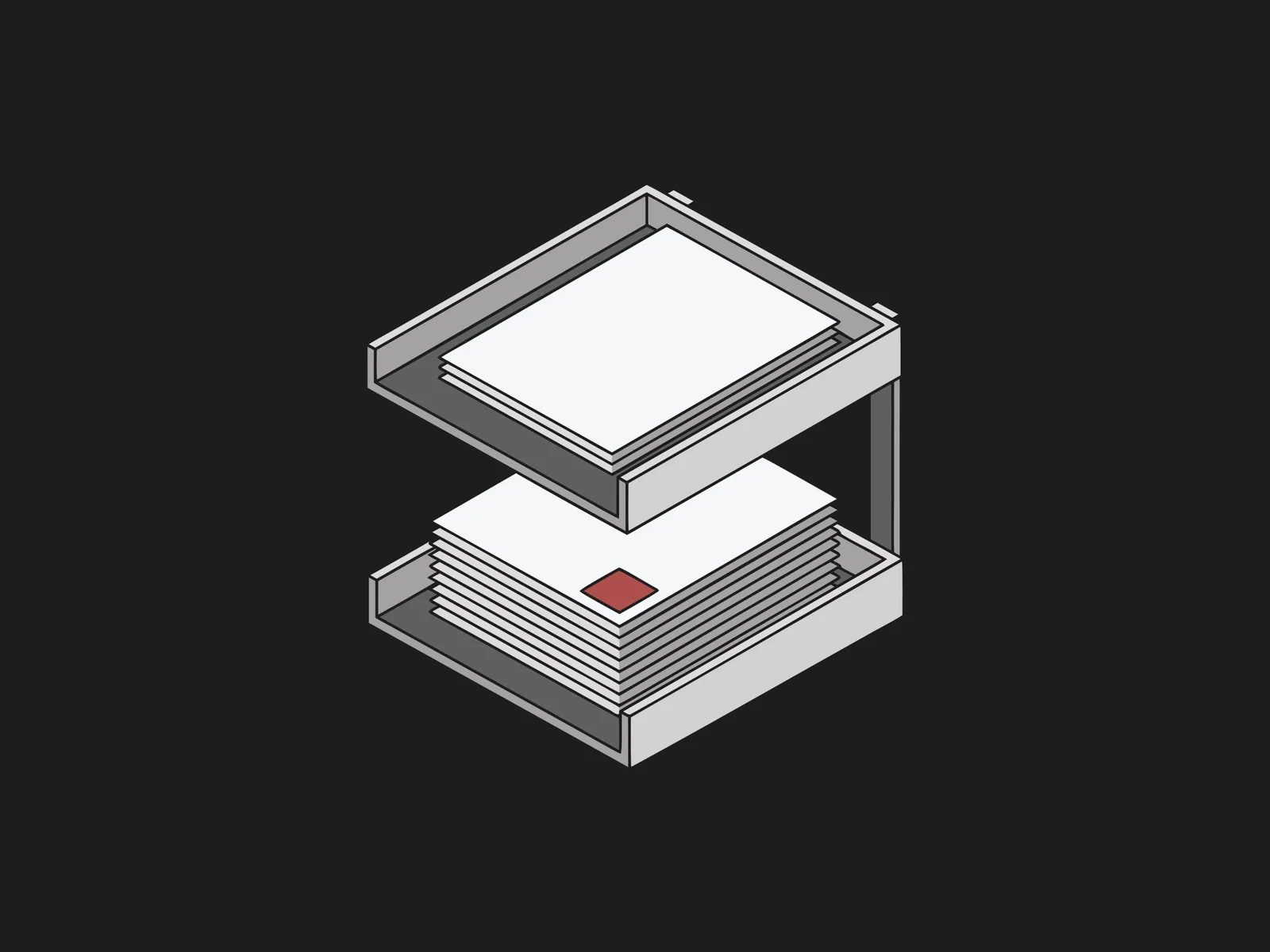 Two stacked trays of documents, one with a red highlighted page