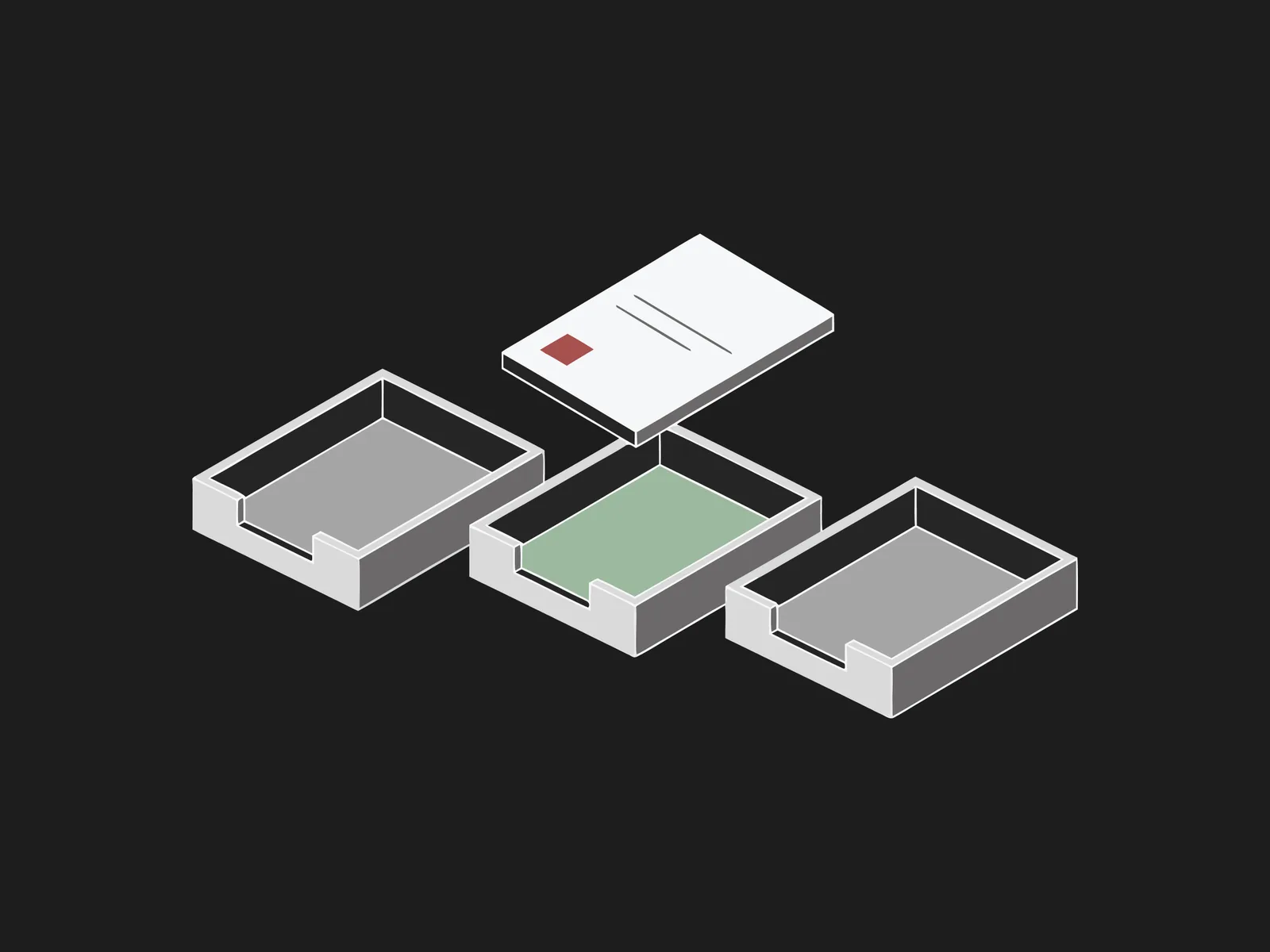 Three paper trays with an envelope dropping a document into the middle, green-highlighted tray