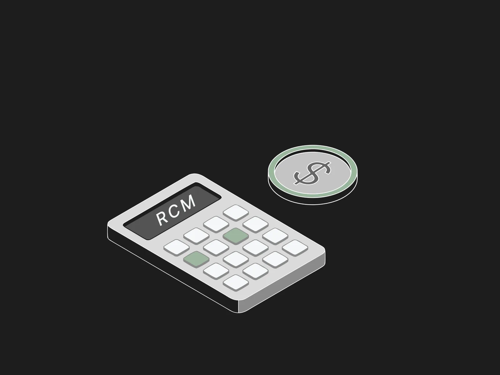 Calculator reading RCM beside a coin stamped with a dollar sign