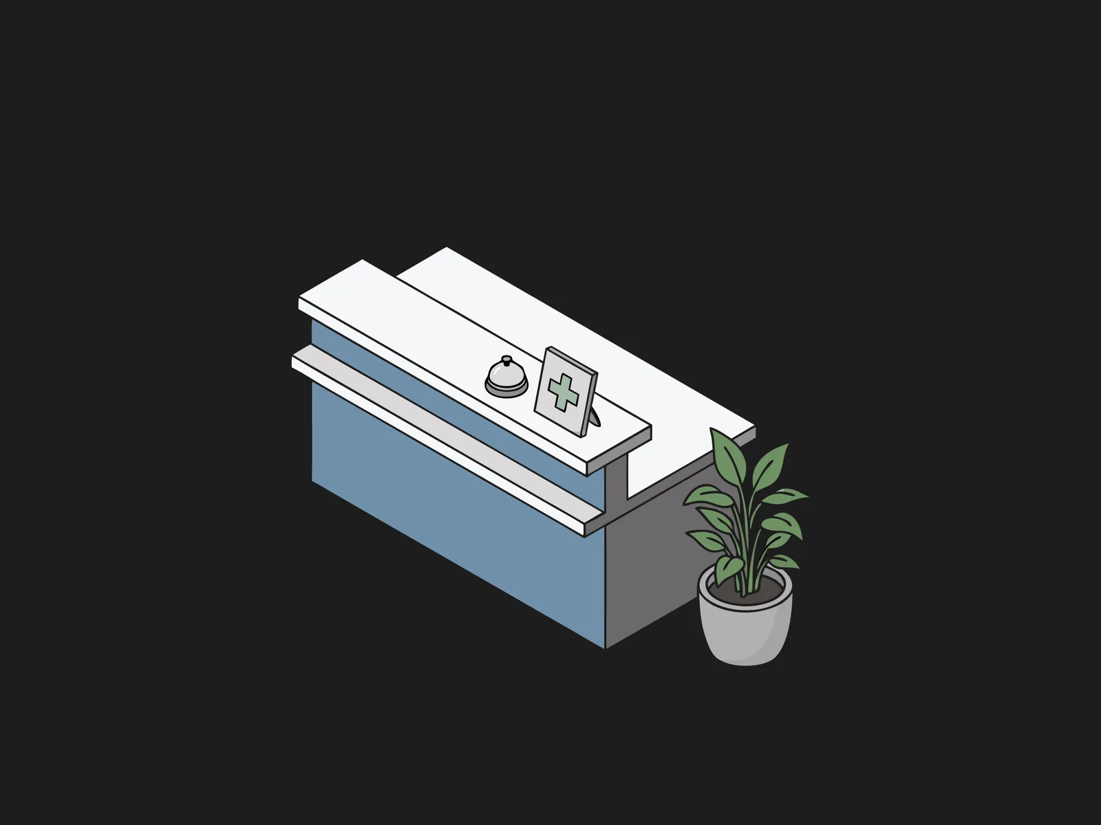Isometric front desk counter with a bell and sign beside a potted plant