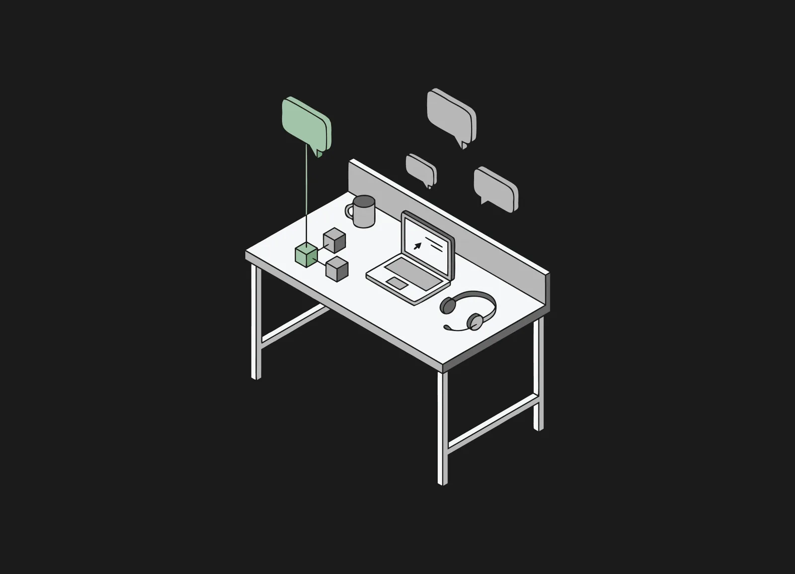 Desk with a laptop, headset, mug, and connected node blocks under floating chat bubble icons