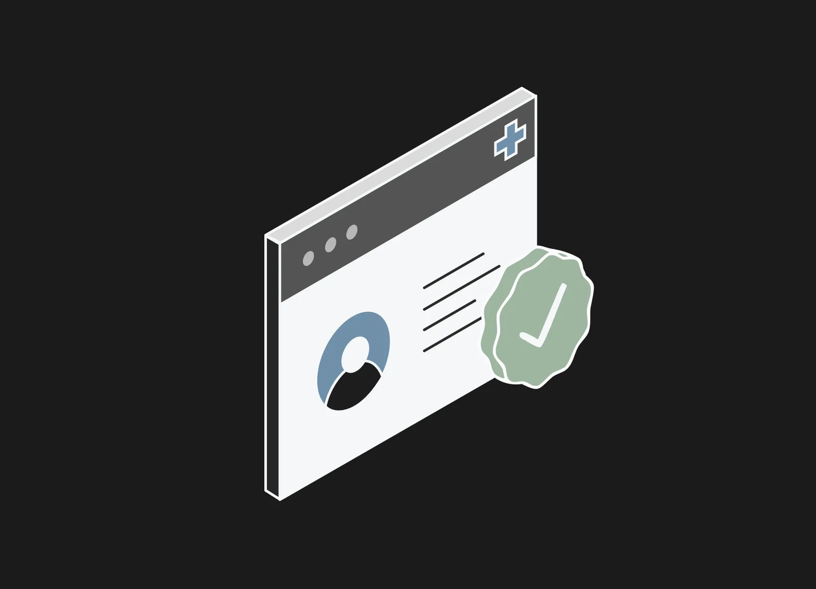 Browser window showing a profile icon and text lines beside a green approval seal with a medical cross