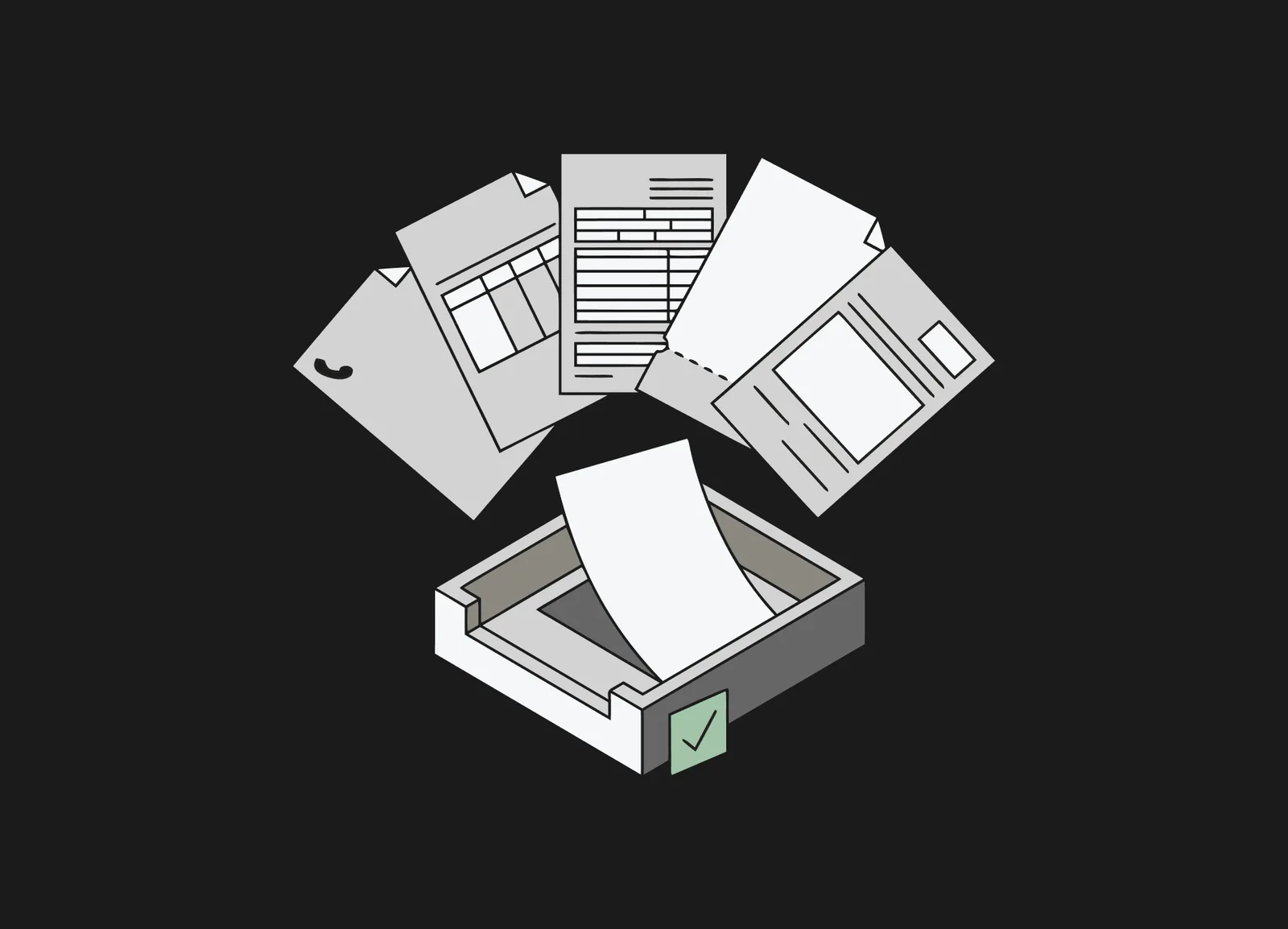 Stack of documents with a phone icon and checkmark tab beside a magnifying glass