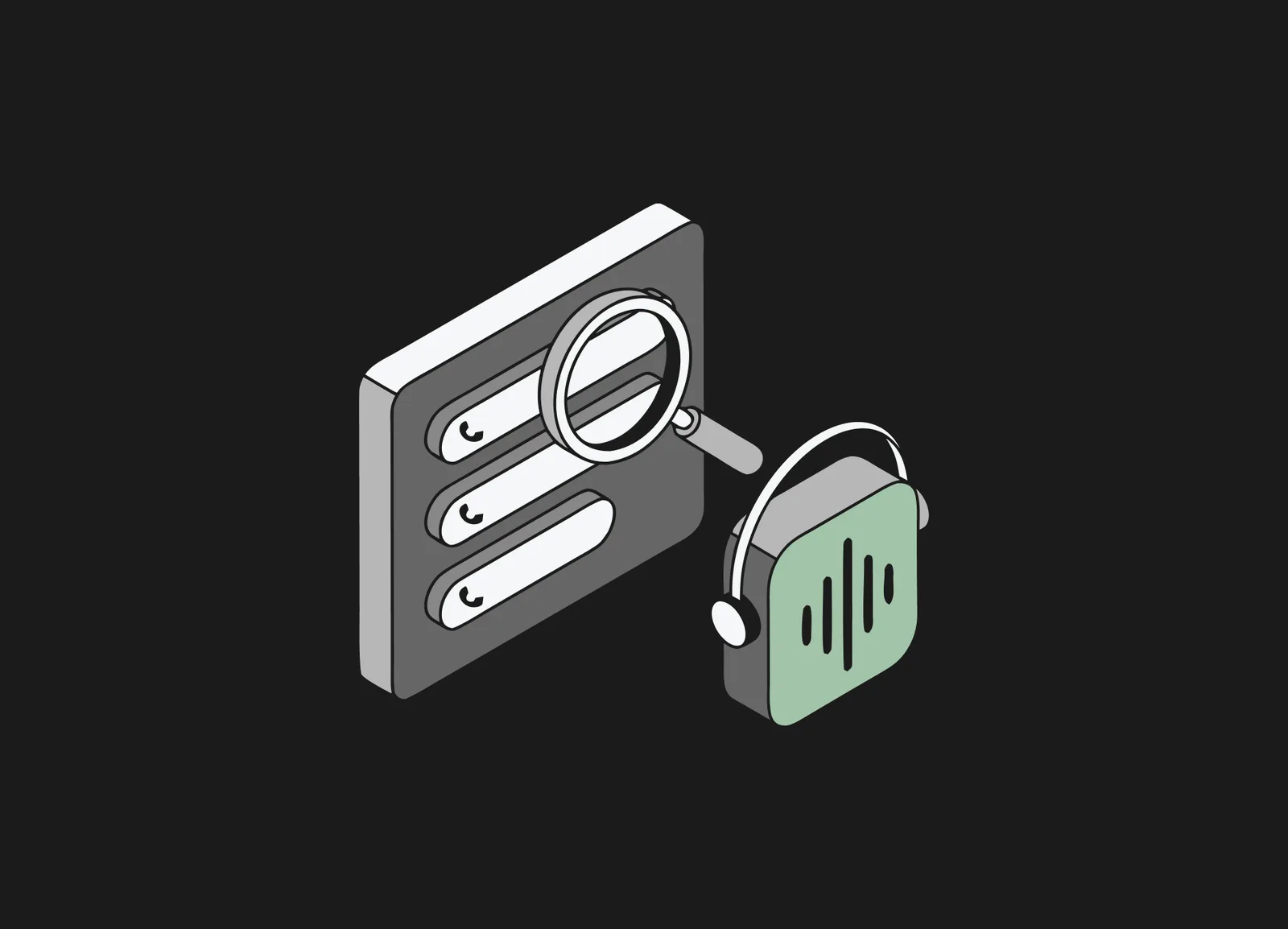 Magnifying glass over three phone-call rows beside a green headset icon with sound waves