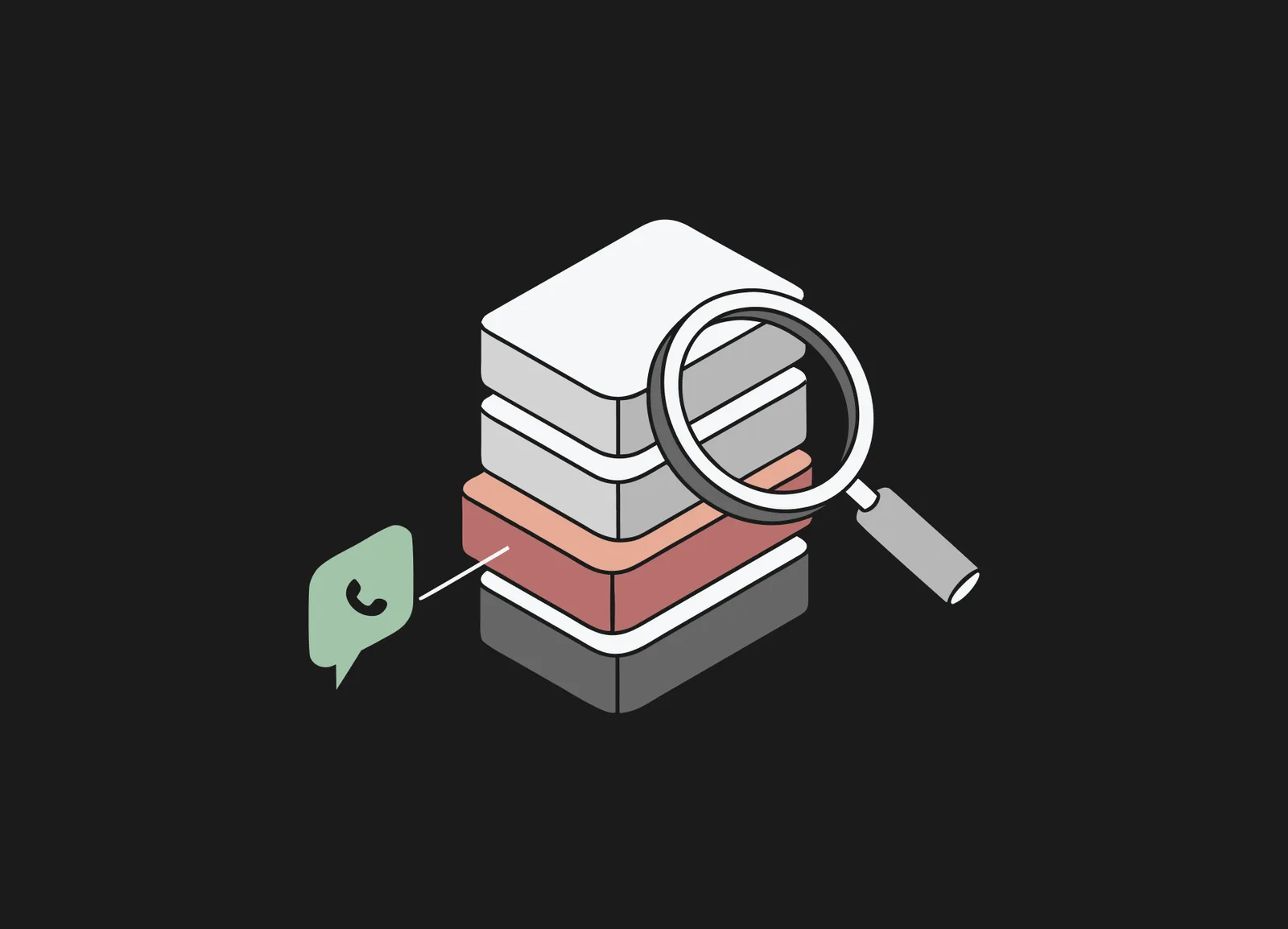 Magnifying glass over a stacked block with a red highlighted layer, beside a phone-call speech bubble