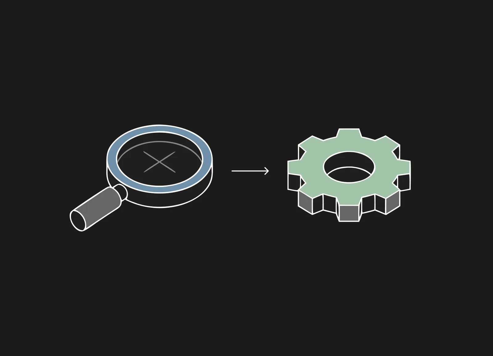 Magnifying glass over an X mark pointing to a green gear icon