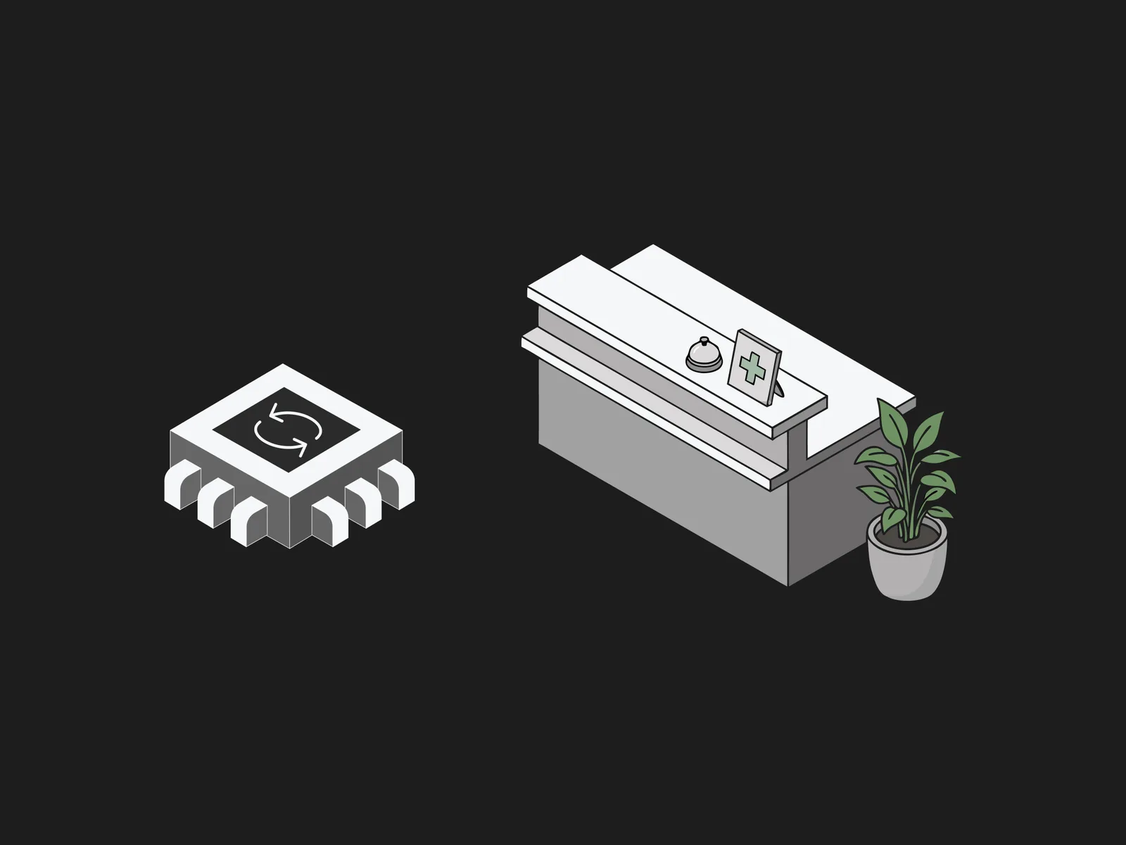 A microchip with a refresh icon beside an isometric front desk counter and plant