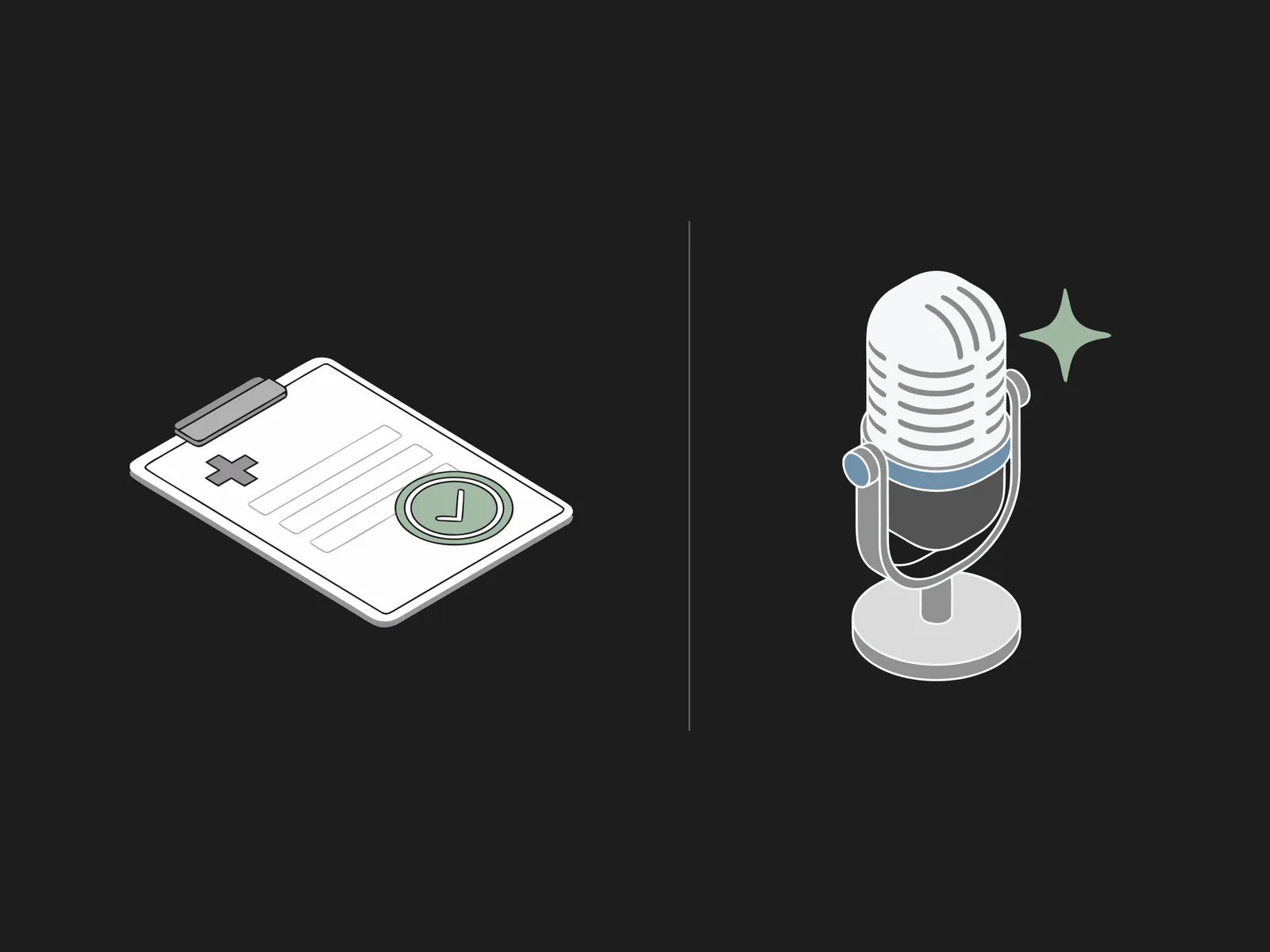 Split scene of a clipboard with a health cross beside a studio microphone with a sparkle