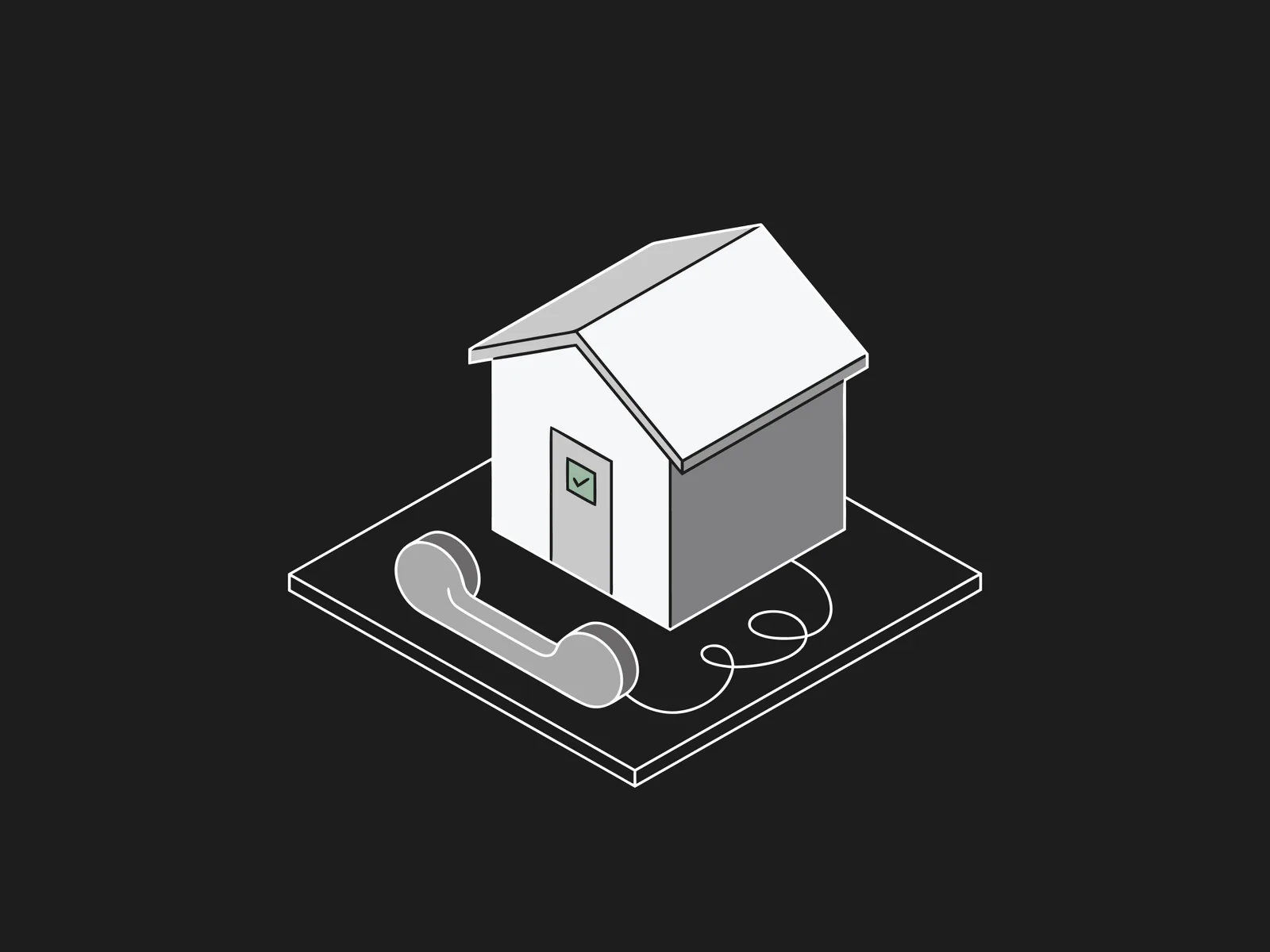 Isometric house with a checkmark on the door beside a corded telephone handset