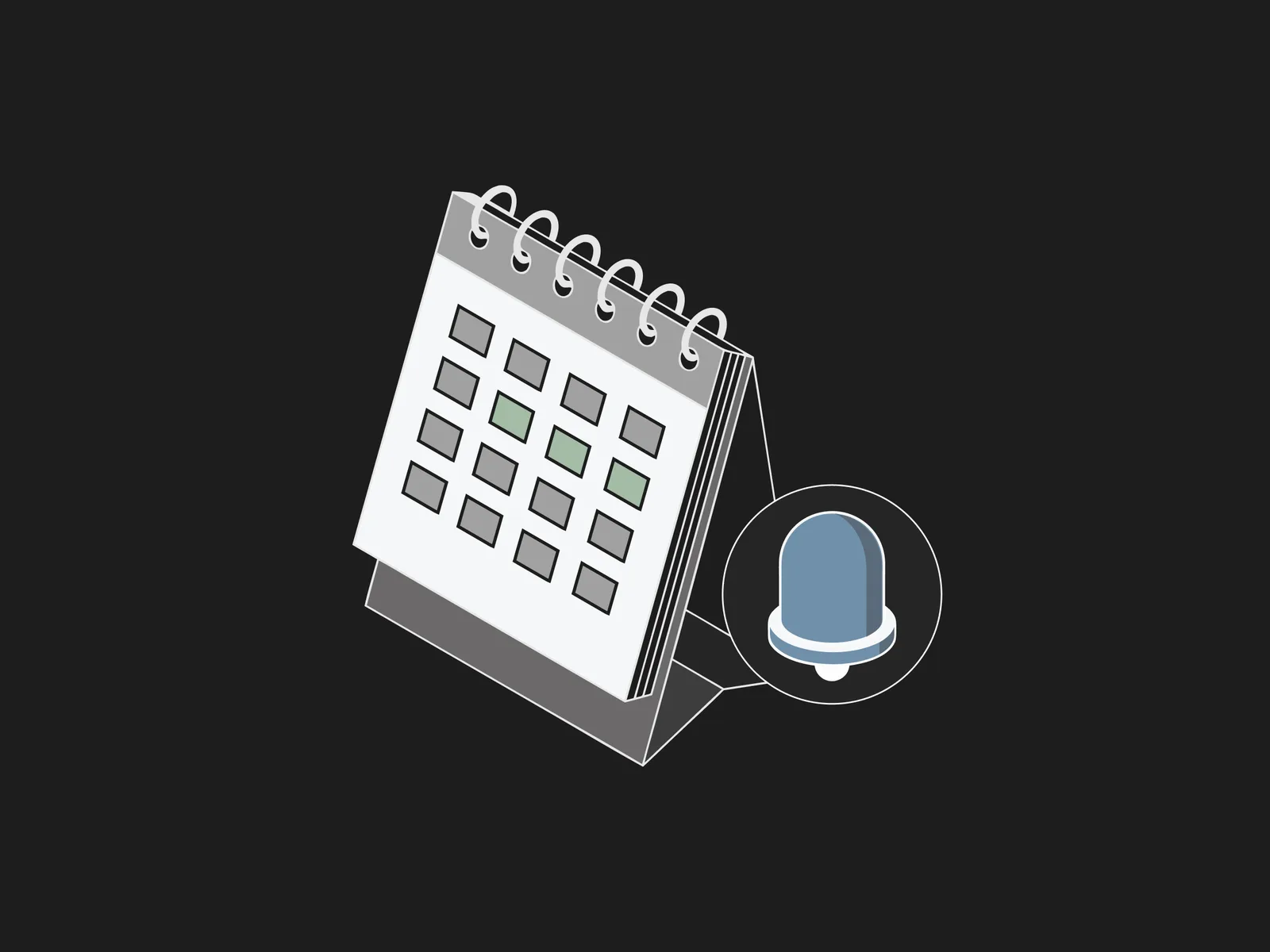 Desk calendar with highlighted dates beside a circular bell notification icon
