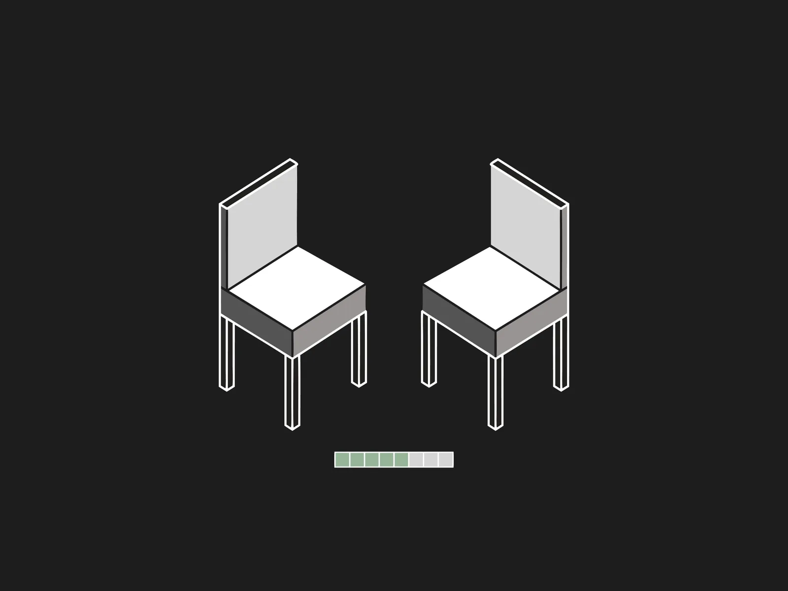Two identical chairs facing each other above a partially filled progress bar
