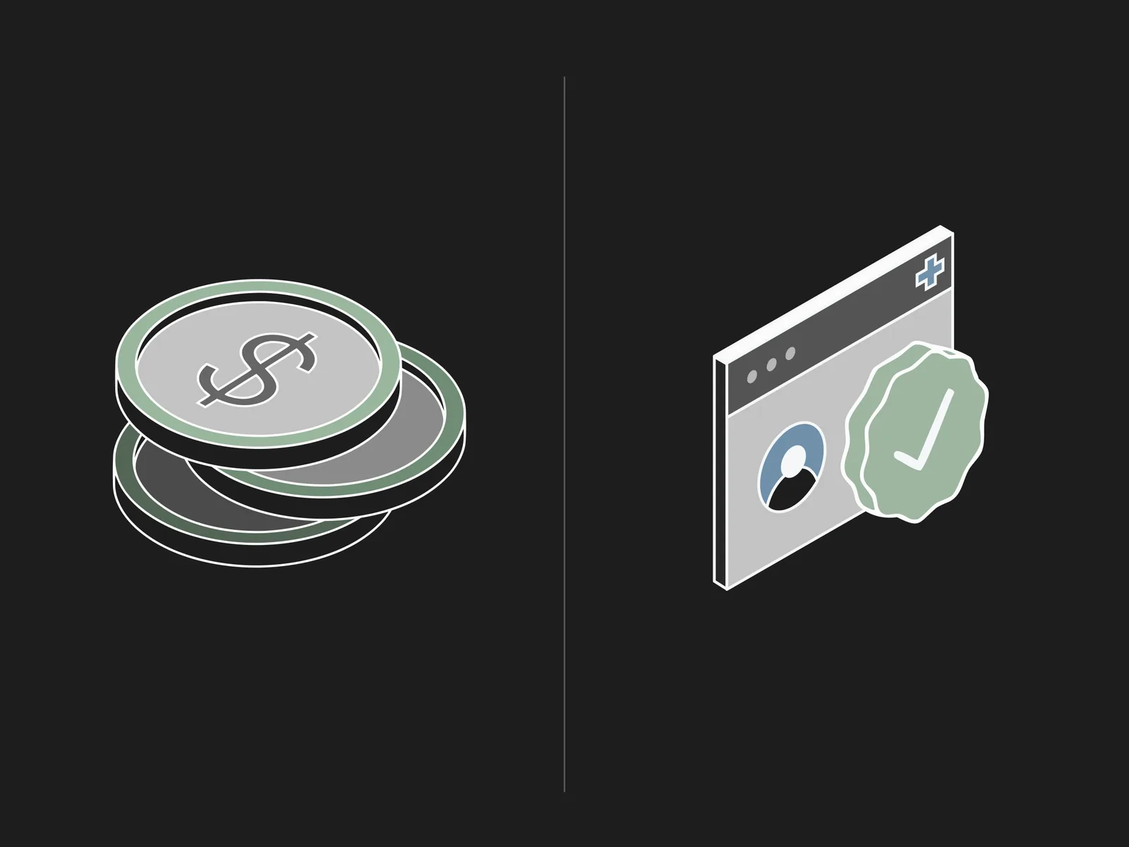 Stack of coins beside a browser window showing a profile icon with a green approval seal