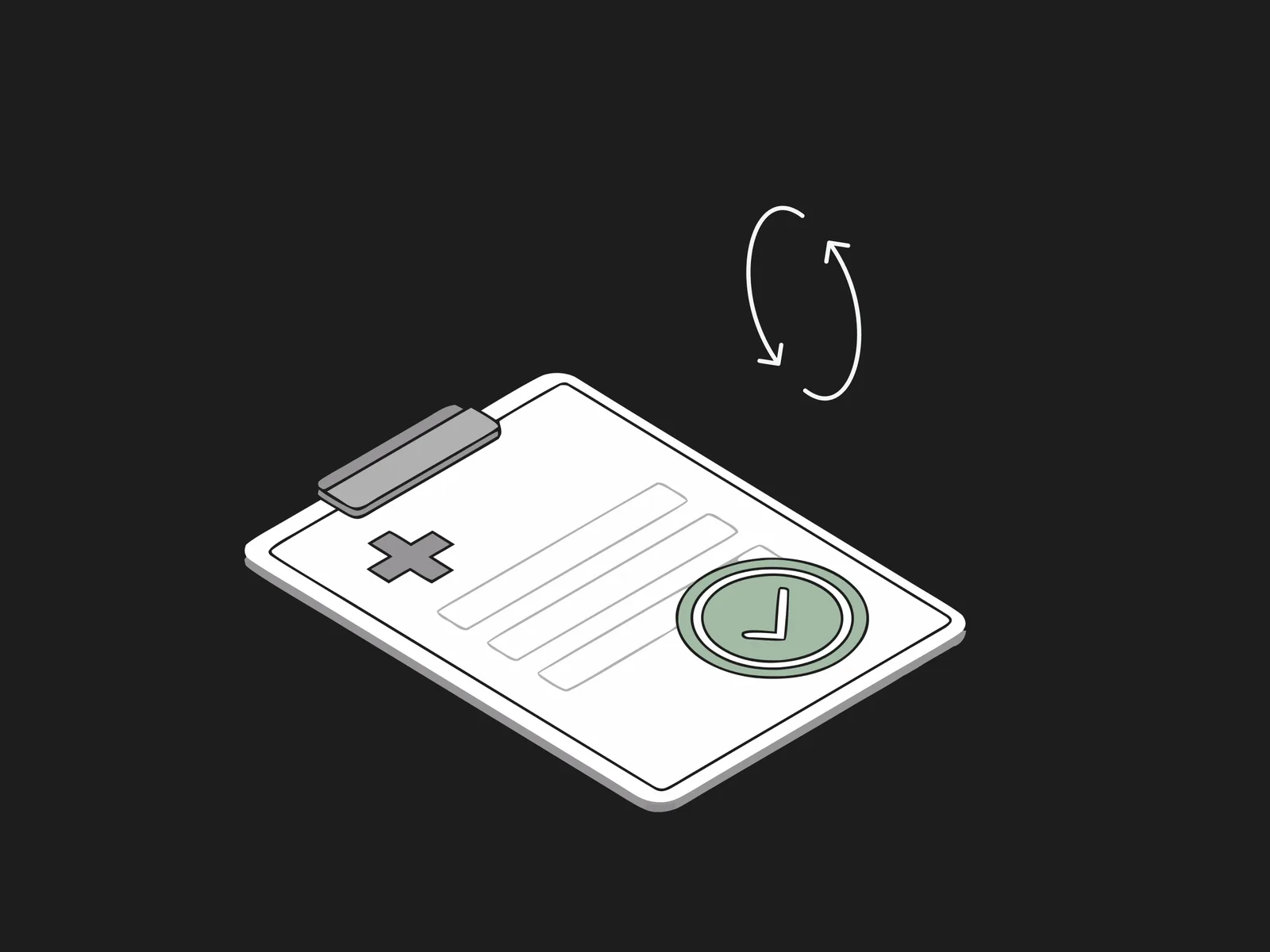 Clipboard with a health cross and a clock badge beside a circular refresh icon
