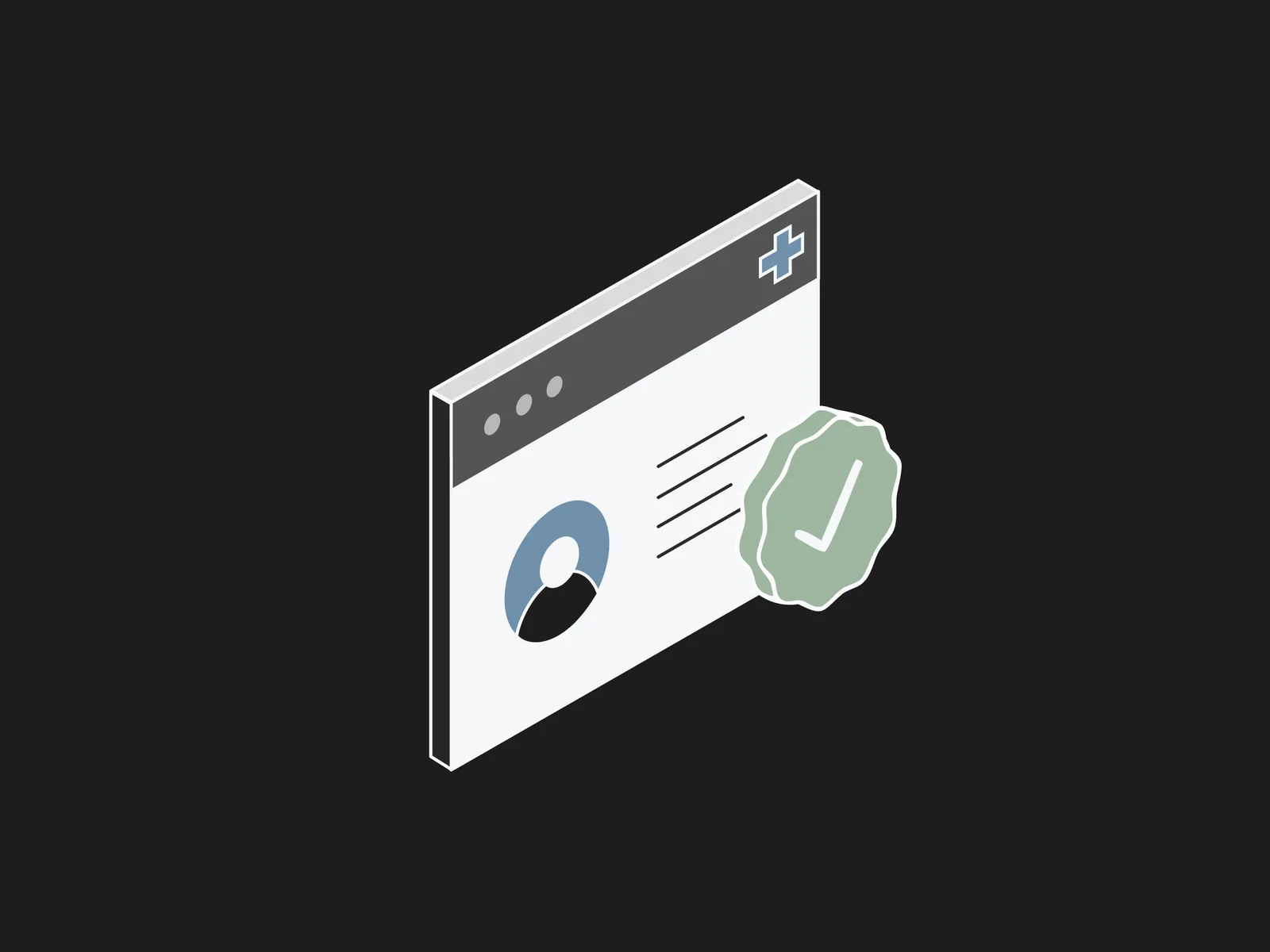 Browser window showing a profile icon and text lines with a green checkmark seal