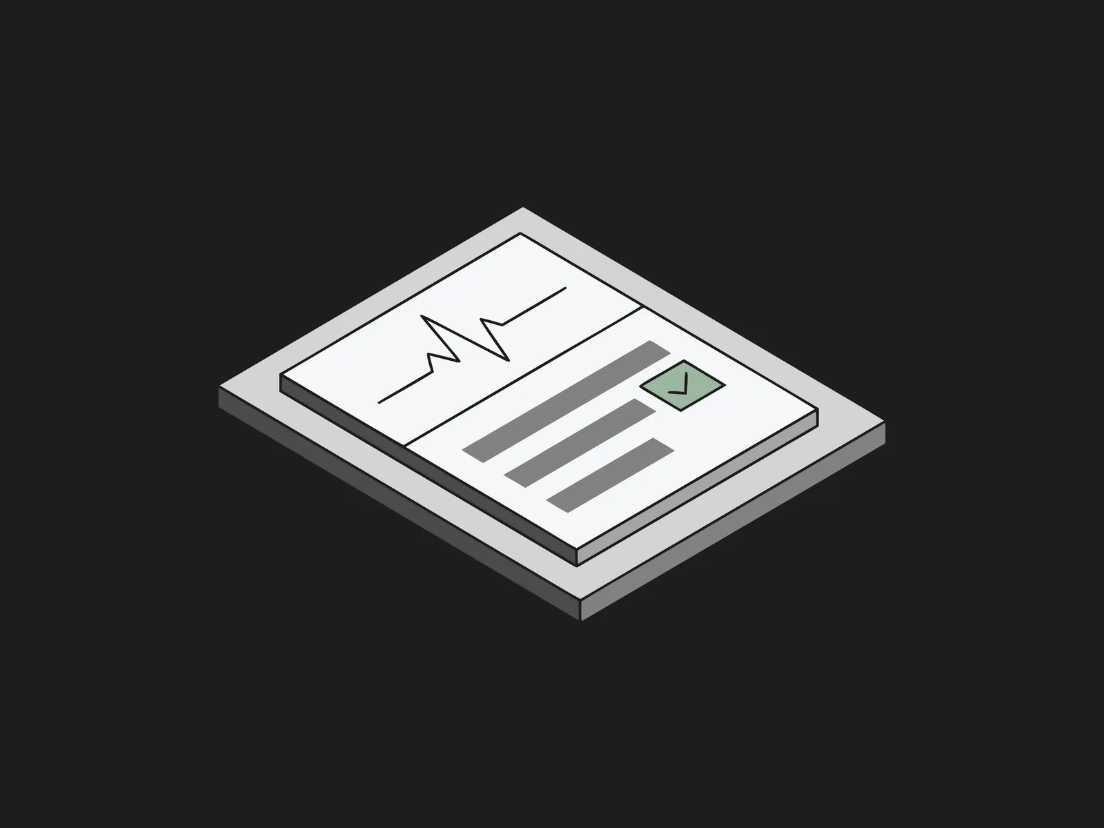 Tilted document showing a heartbeat line above a checklist with a green checkmark badge