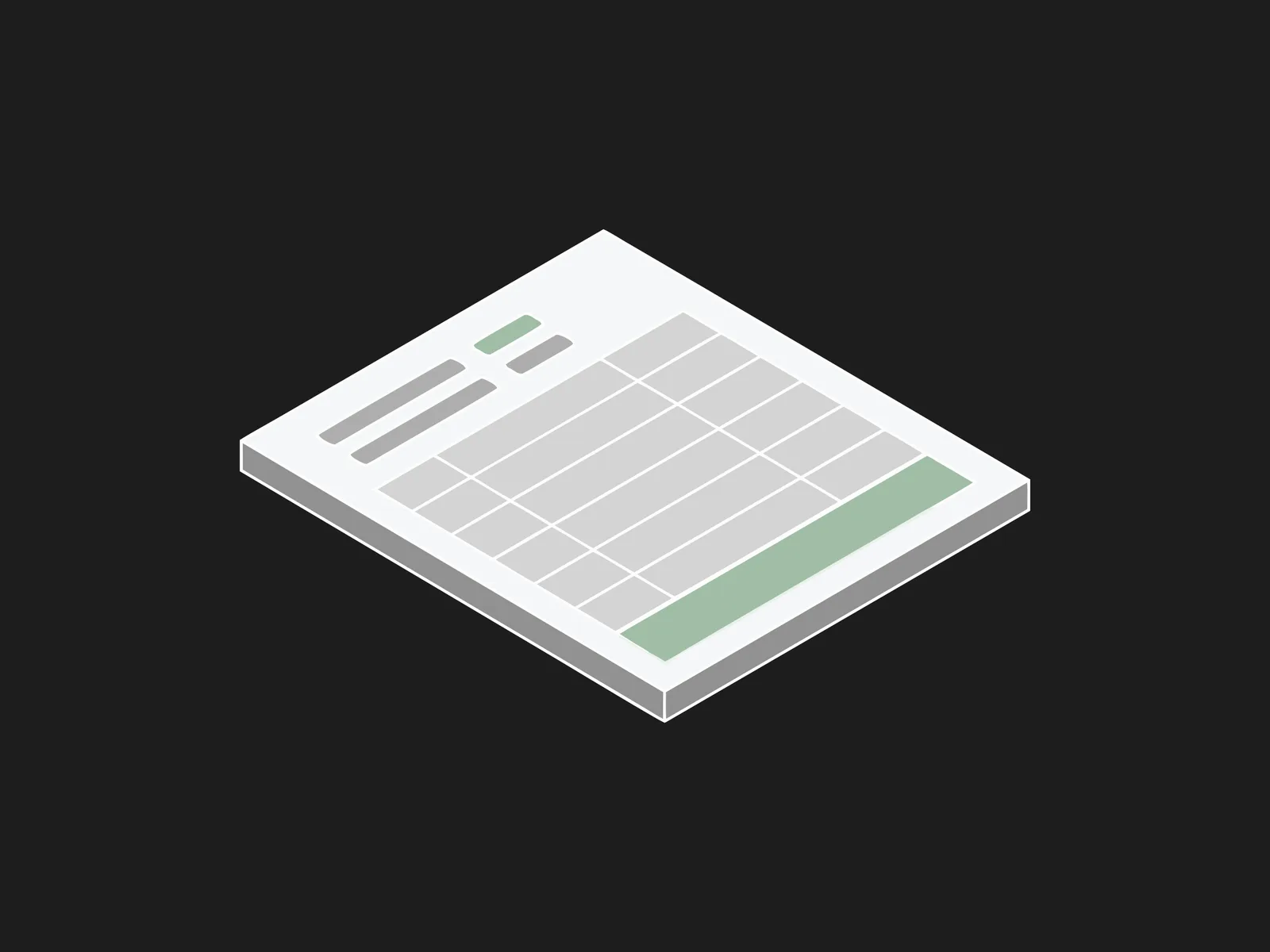 Isometric itemized invoice with a highlighted green header field and a green total row