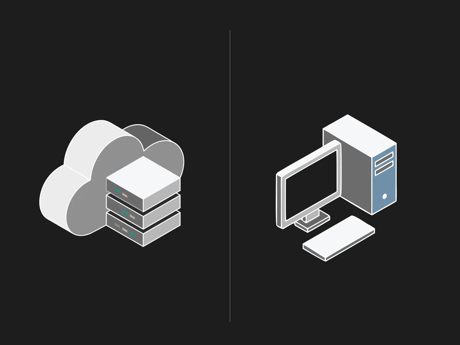 Cloud shape behind stacked servers beside a desktop monitor, keyboard, and computer tower