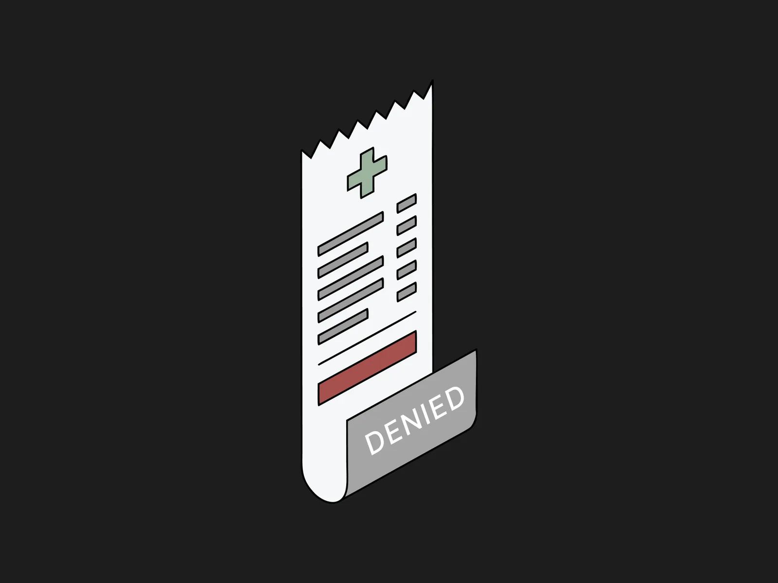 A jagged-edged receipt with a red highlighted line and a gray DENIED stamp banner