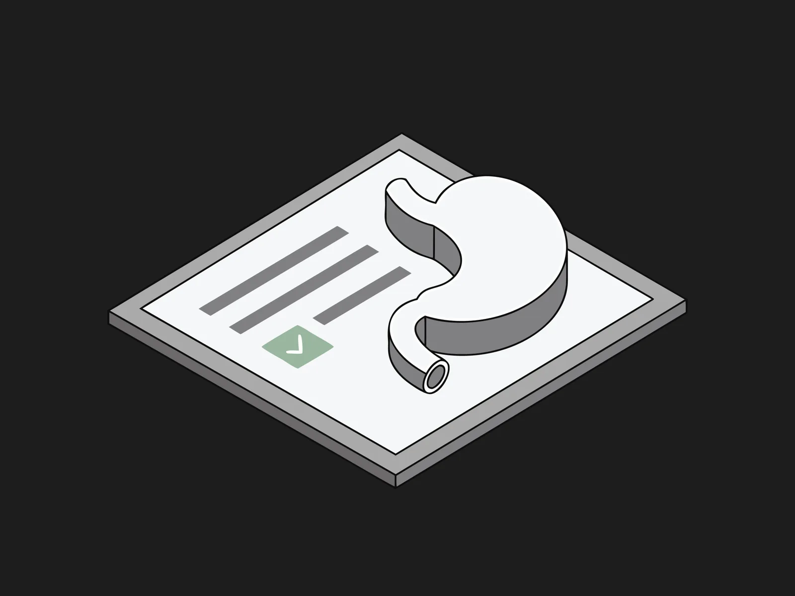 Isometric document with a checkmark badge beside a curled stomach shape