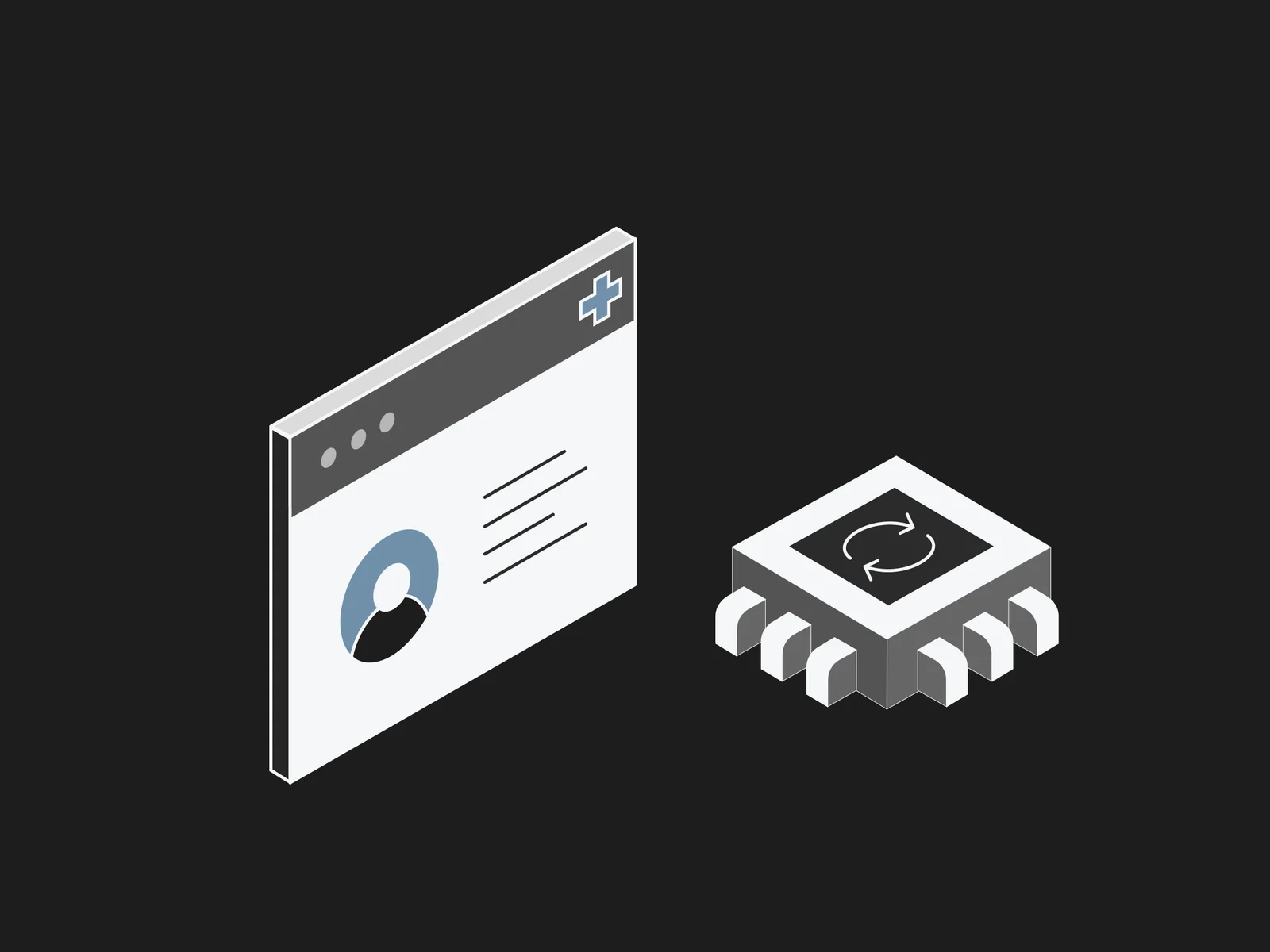 Browser window with a profile icon beside a microchip with a refresh symbol