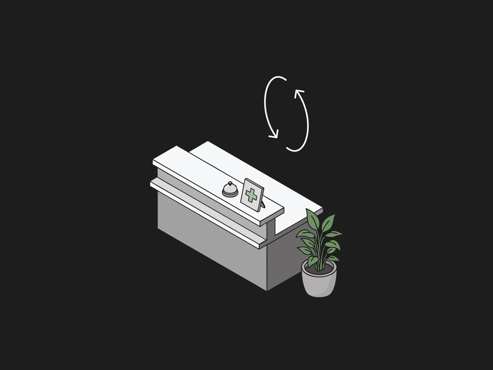 Isometric front desk counter with a bell and sign beside a potted plant