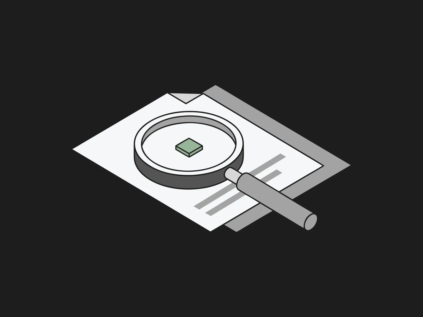 Magnifying glass over a document, highlighting a small green tile on the page